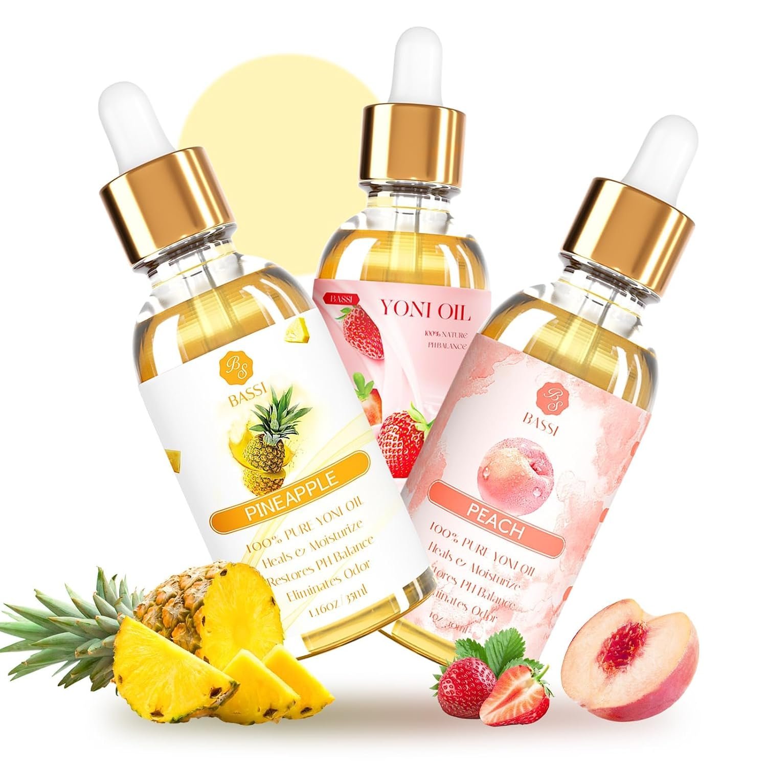 3 Packs Yoni Oil for Women pH Balance-All Natural Vaginal Essential Oils | Feminine Care Oil, Reduces Odor, Restores pH Balance and Wetness, 1 fl oz/pc Strawberry Pineapple Peach Scent