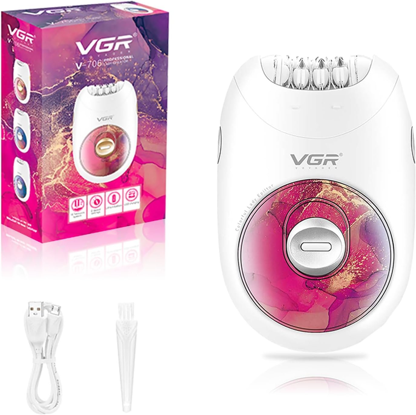 VGR 706 Epilator for Women with 18-Tweezer, Full-Body Hair Removal, Red | 2-Speed, Gentle Operation Silent Design, 700mAh Battery, 70min Runtime, USB rechargeable, Portable, Charging Cable