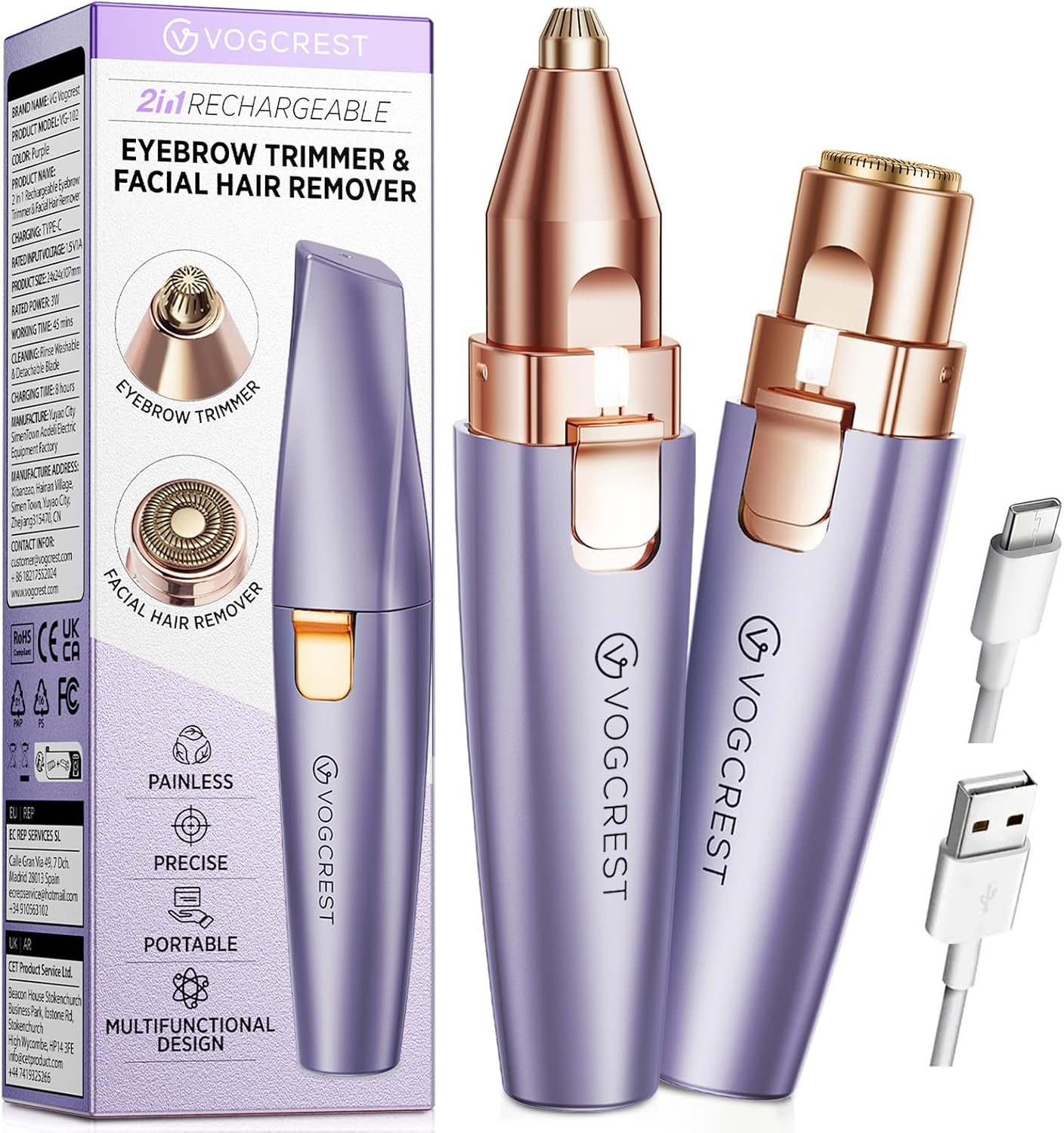 VG VOGCREST Eyebrow & Facial Trimmer: 2-in-1 Rechargeable Facial Hair Removal & Eyebrow Shaver – Painless Razor with Built-in LED Light (Solar Purple)