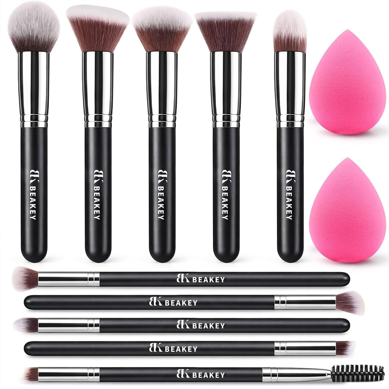 BEAKEY Makeup Brushes set with 2 Blending Sponges,10 Brush Face and Eye Set | Beginner-friendly face and eye tools with soft synthetic fibers for light,buildable coverage from foundation to eyeshadow