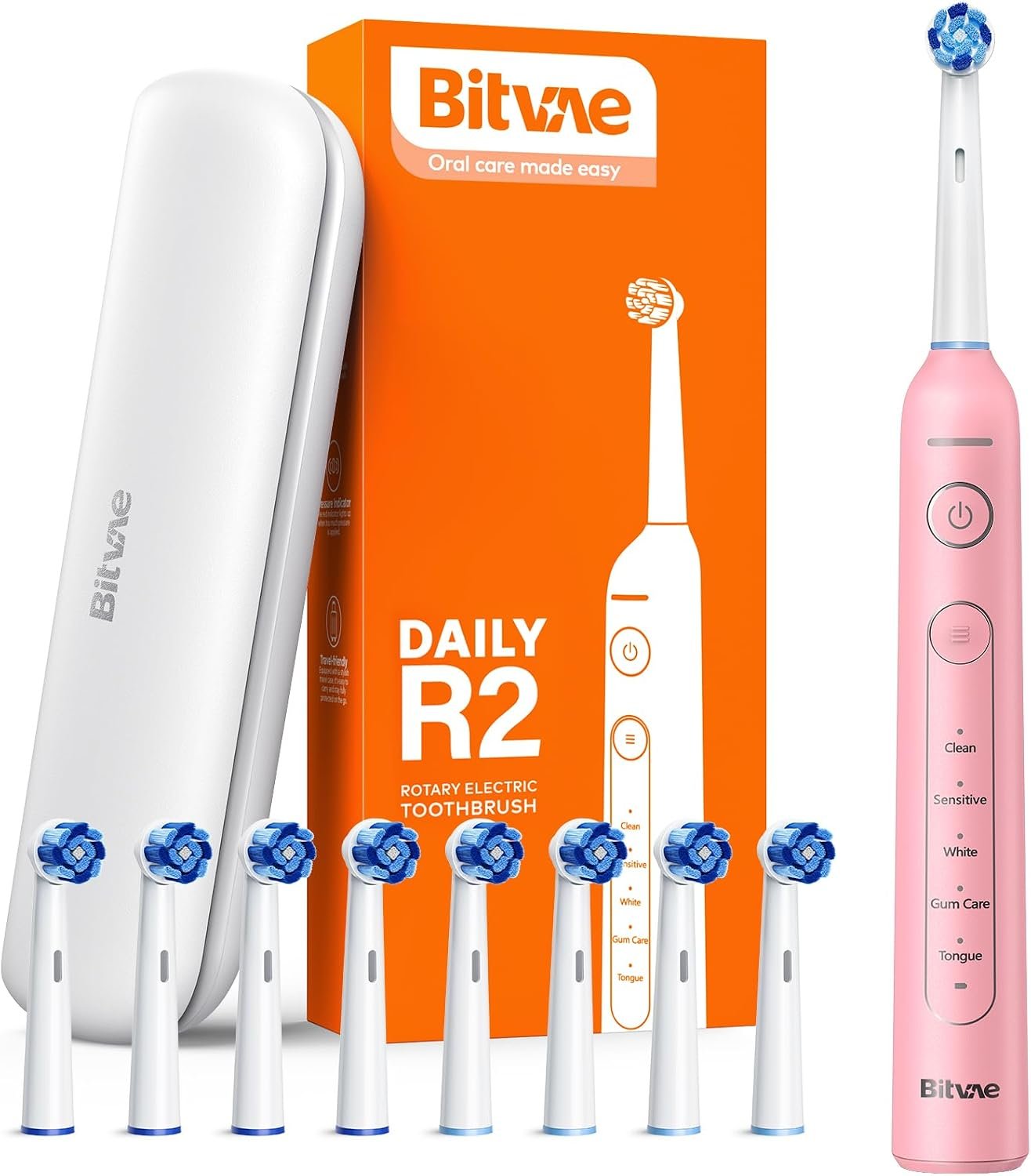 Bitvae R2 Rotating Electric Toothbrush for Adults with Pressure Sensor | 8 Brush Heads, Travel Case, 5 Modes, Rechargeable Power, 30-Day Battery, 2-Minute Smart Timer, IPX7 Waterproof, Pink