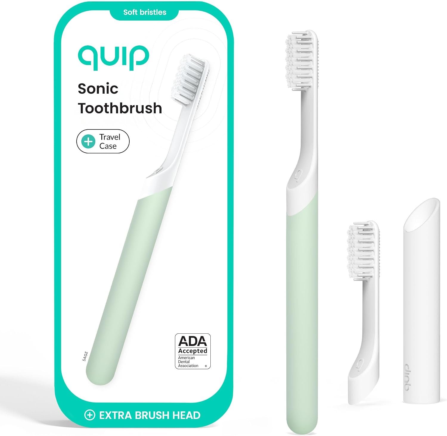 Quip Sonic Electric Toothbrush for Adults with Timer – Includes Travel Case & Replacement Brush Head – 3 Month Battery Life, Plastic Handle – Sage
