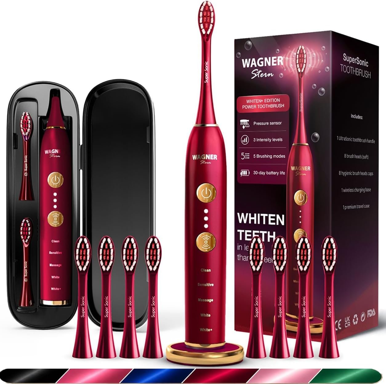 Wagner Stern WHITEN+ Electric Toothbrush, 48,000 VPM, Pressure Sensor, 5 Modes, 8 Brush Heads, Travel Case