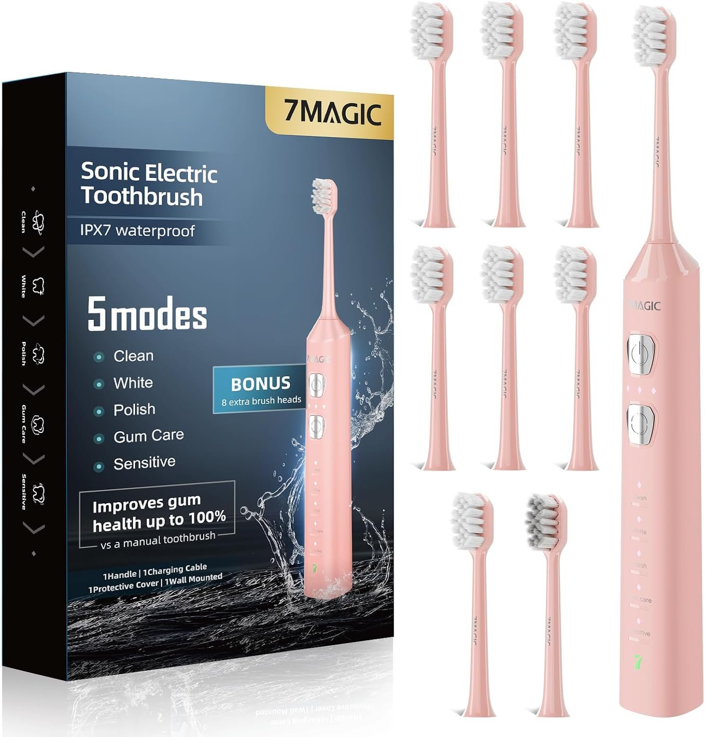 7MAGIC Sonic Electric Toothbrush, 180-Day Runtime, 42000 VPM, 8 Heads, Pink | For Adults & Kids, 5 Modes, 3 Intensities, Sensitive Teeth & Braces Care, Smart Timer, IPX7 Waterproof, USB-C Charging