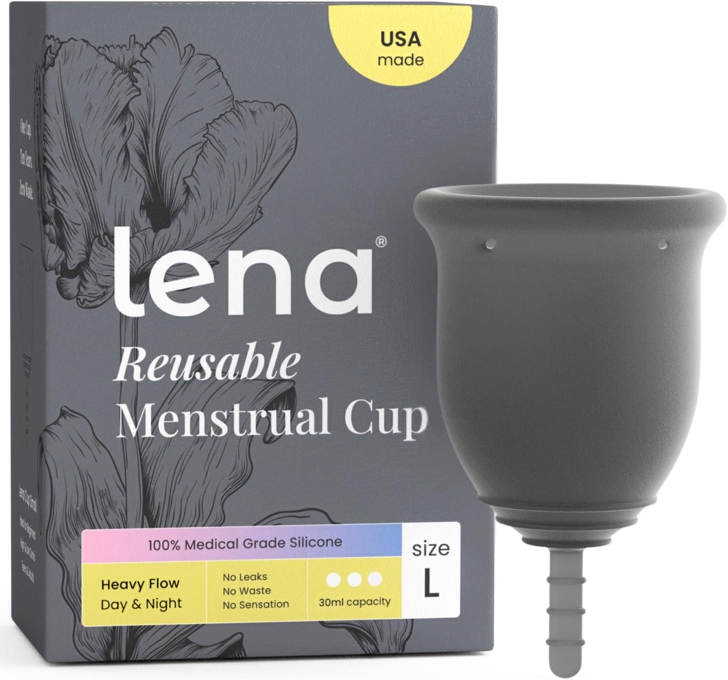 Lena Menstrual Cup – Soft Reusable Period Cups for Women – Large, Gray | Medical-Grade Silicone, Heavy Flow, Comfortable 12-Hour Leak-Free Protection, Beginner-Friendly Feminine Care