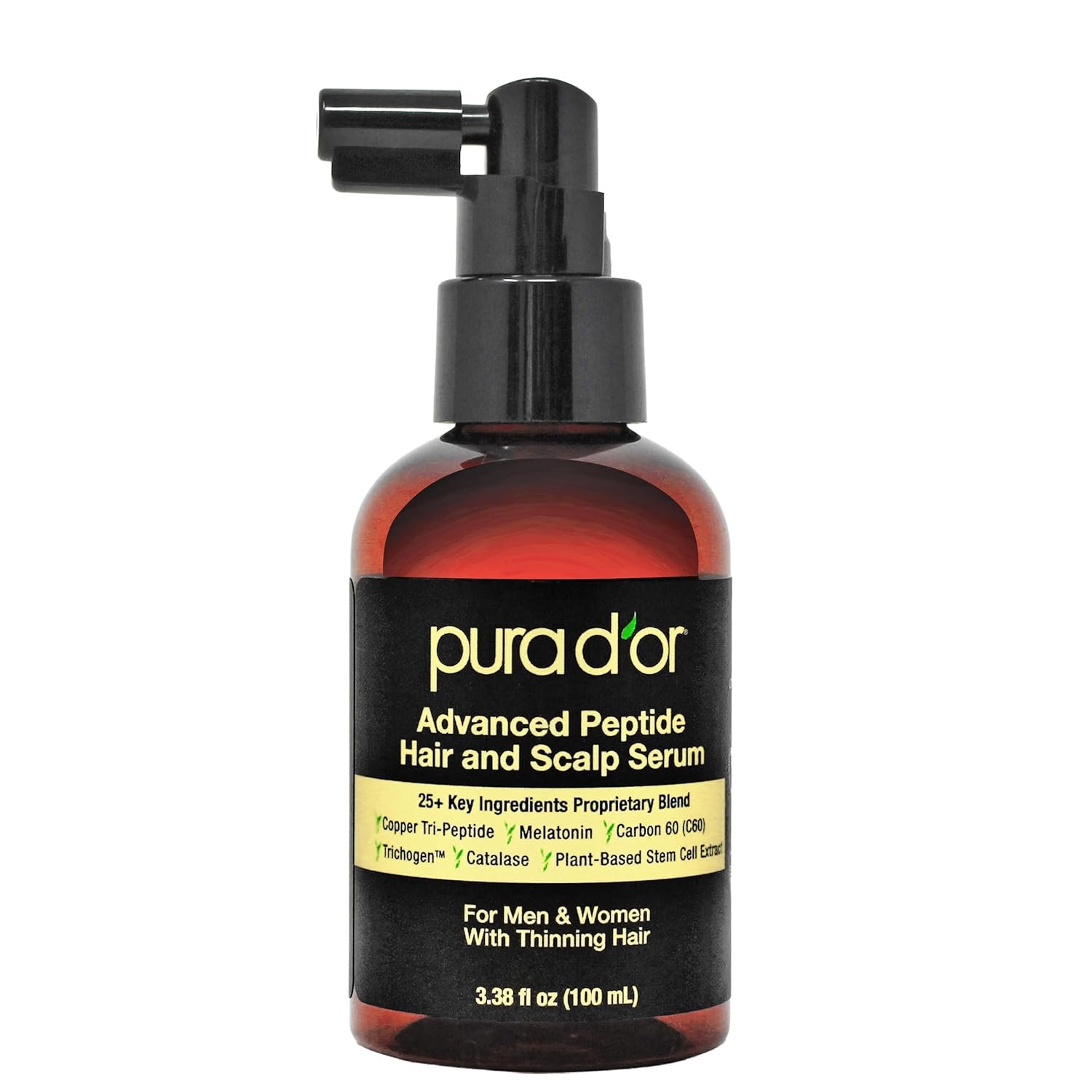 PURA D’OR Advanced Hair & Scalp Serum – For Hair Thinning with Copper Tri-Peptide, Caffeine, Botanical Extract Blend, Fuller Appearance Strands – Vegan, Men & Women 3.3 Oz Ayurvedic Hair Care