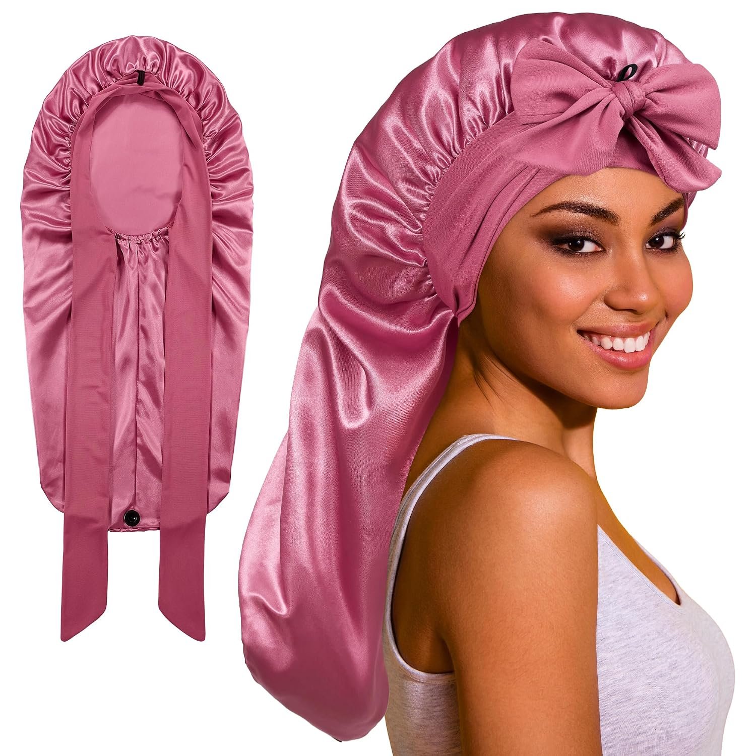 ROYBENS Long Bonnet for Braids Curly Hair Long Hair, Satin Bonnet with Tie | Silk Bonnet for Sleeping Women, Sleep Bonnets for Women, Adjustable Cute Hair Bonnet, Anti-frizz Sleep Cap, Night Cap Wrap