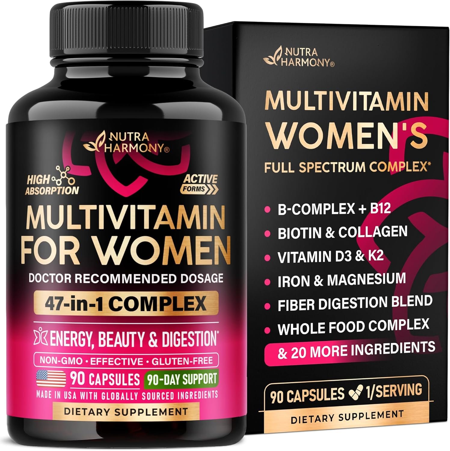 Multivitamin for Women – B-Complex | Whole Foods | Hair Growth Support | Digestion & Metabolism | Iron – 47in1 Womens Multivitamin – Bioavailable & Gentle on Stomach – 90 Capsules, 3 Month Supply