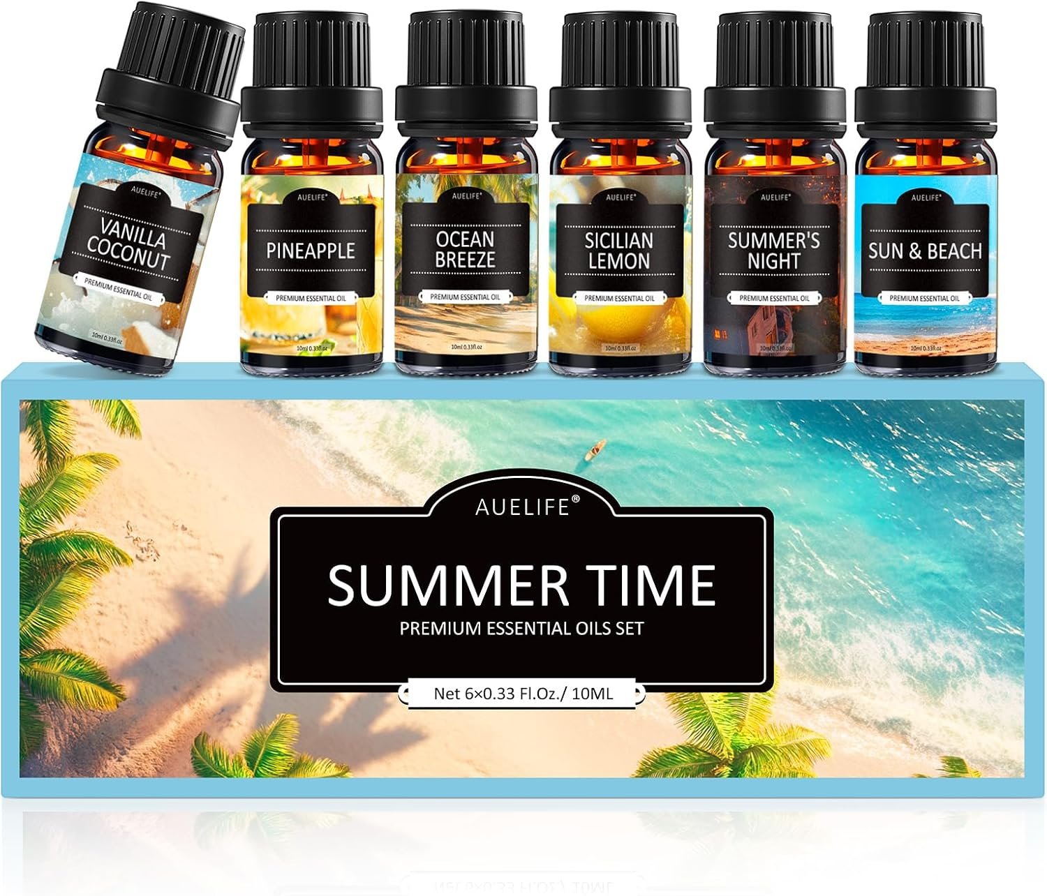 Summer Essential Oil Set for Diffuser for Home, 6x10ml Diffuser Oil | Tropical Fragrance Oil with Coconut, Pineapple, Beach, Breeze, Lemon, Summer Night for Candle Making, Soap Making Gift Set