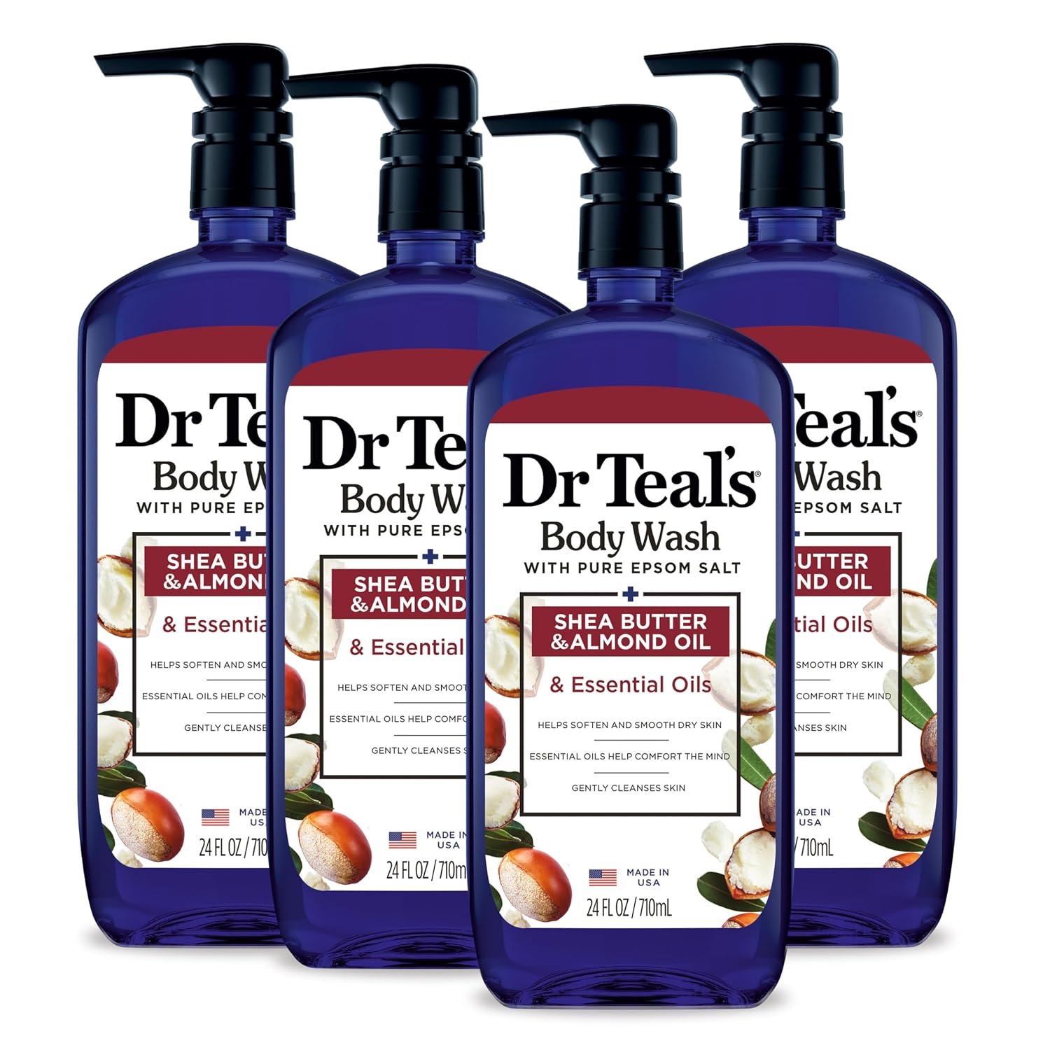 Dr Teal’s Body Wash with Pure Epsom Salt, with Shea Butter & Almond Oil, 24 fl oz (Pack of 4)