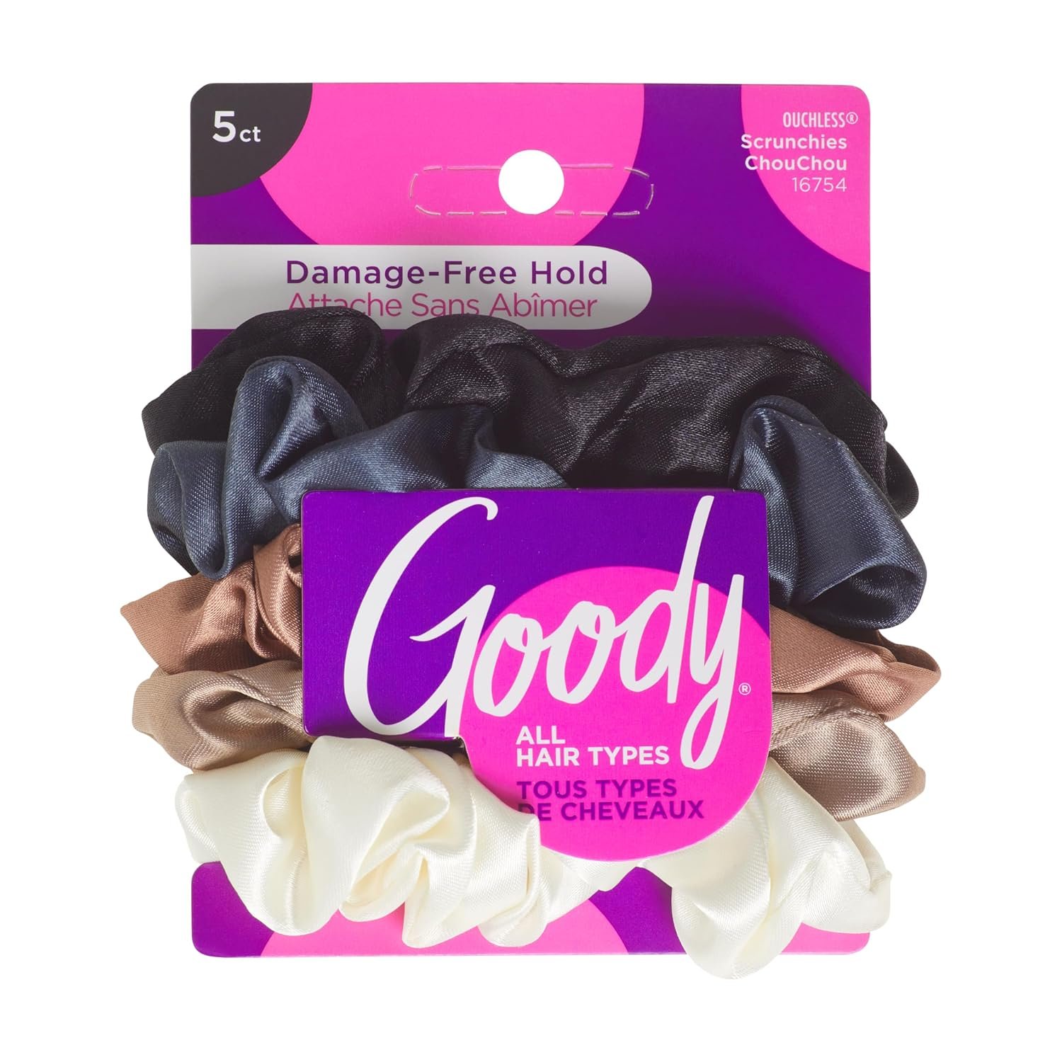 Goody Ouchless Satin Scrunchies – 5 Ct, Neutral Tones, Damage-Free Hold, Soft Overnight Hair Scrunchies to Sleep In, Gentle Hair Accessories for Women & Men, All Day Comfort, All Hair Types