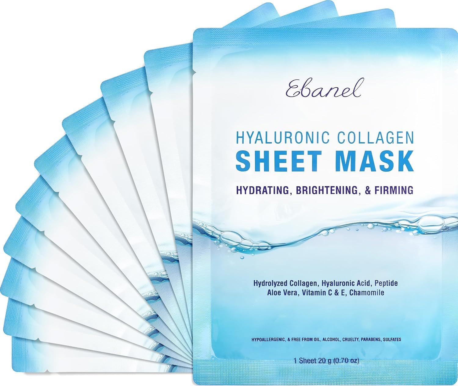 Ebanel 10-Pack Collagen Face Mask with Hyaluronic Acid, Vitamin C, Peptide | Instant Brightening Hydrating Face Masks Skincare Korean Sheet Mask, Skin Firming, Lifting Anti Aging Facial Masks
