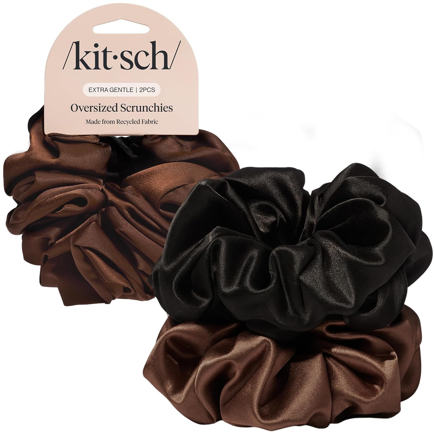 Kitsch Recycled Satin Oversized Scrunchies – Black & Chocolate, 2pcs | Wake Up Frizz-Free, No Crease Large Hair Ties, Softer Than Silk Scrunchies, Stylish Hair Accessories For All Hair Types
