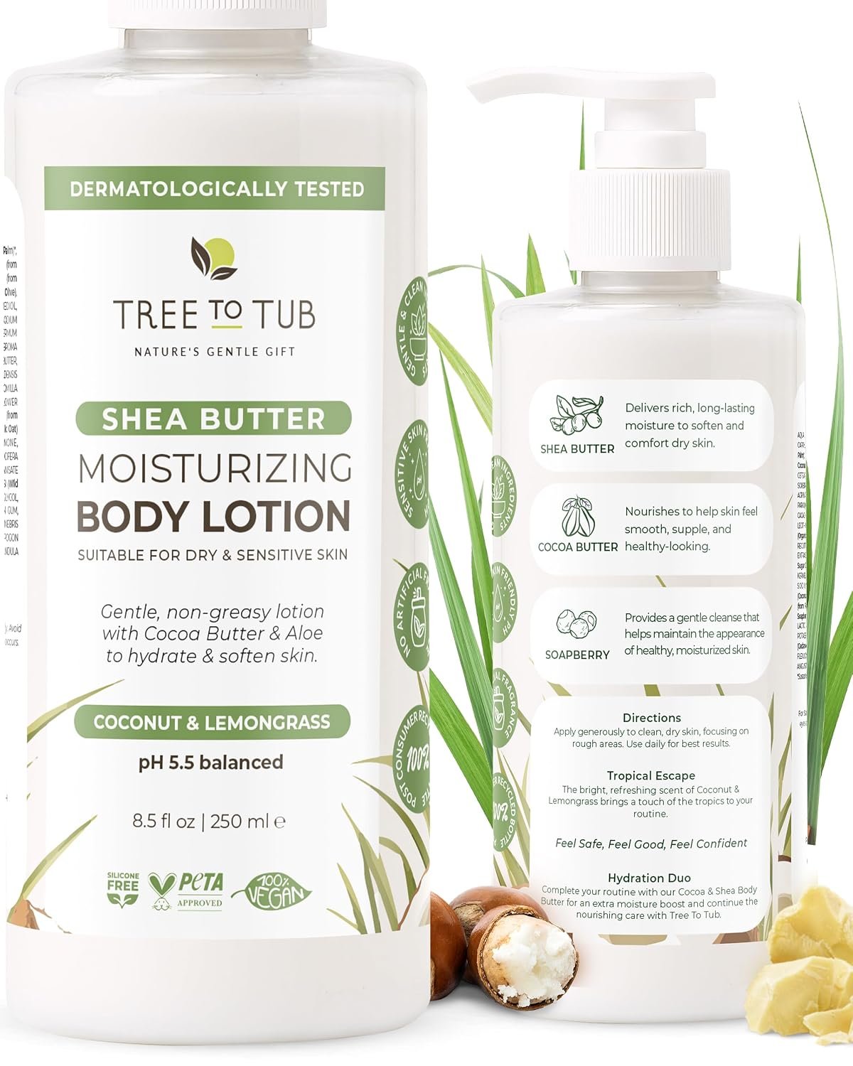 Tree To Tub Cocoa Butter Lotion for Sensitive Skin – Moisturizing Shea Butter Lotion for Extremely Dry Skin for Women & Men – Lemongrass & Coconut Body Cream w/Organic Aloe Vera, Colloidal Oatmeal