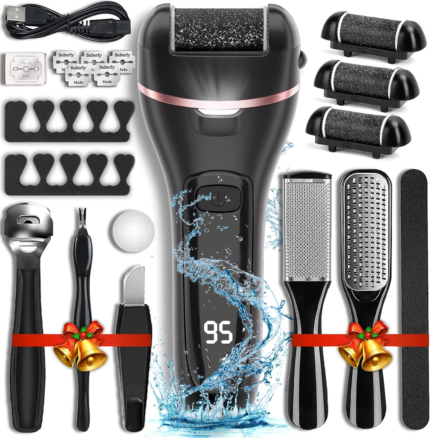 Wea&Hea Electric Callus Remover for Feet, 3 Roller Heads, 17-in-1 Kit | 2 speeds, rechargeable, IPX6 waterproof wet dry use for hard calluses and cracked heels