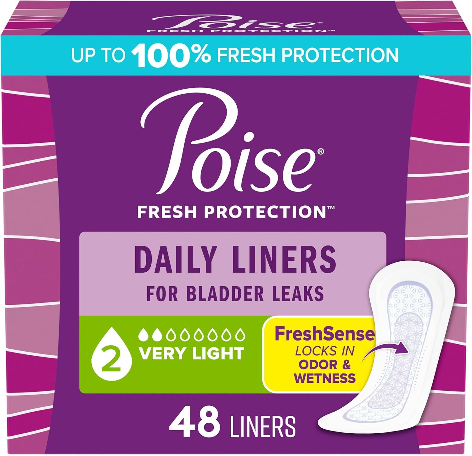 Poise Daily Liners, Incontinence Panty Liners for Bladder Leaks, 2 Drop Very Light Absorbency, Regular Length, 48 Count of Pantiliners, Packaging May Vary