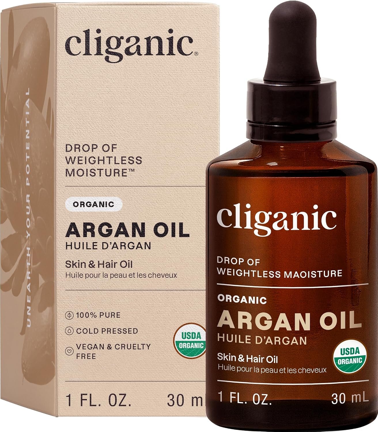 Cliganic Organic Argan Oil, 100% Pure (1oz) – for Hair, Face & Skin | Cold Pressed Carrier Oil