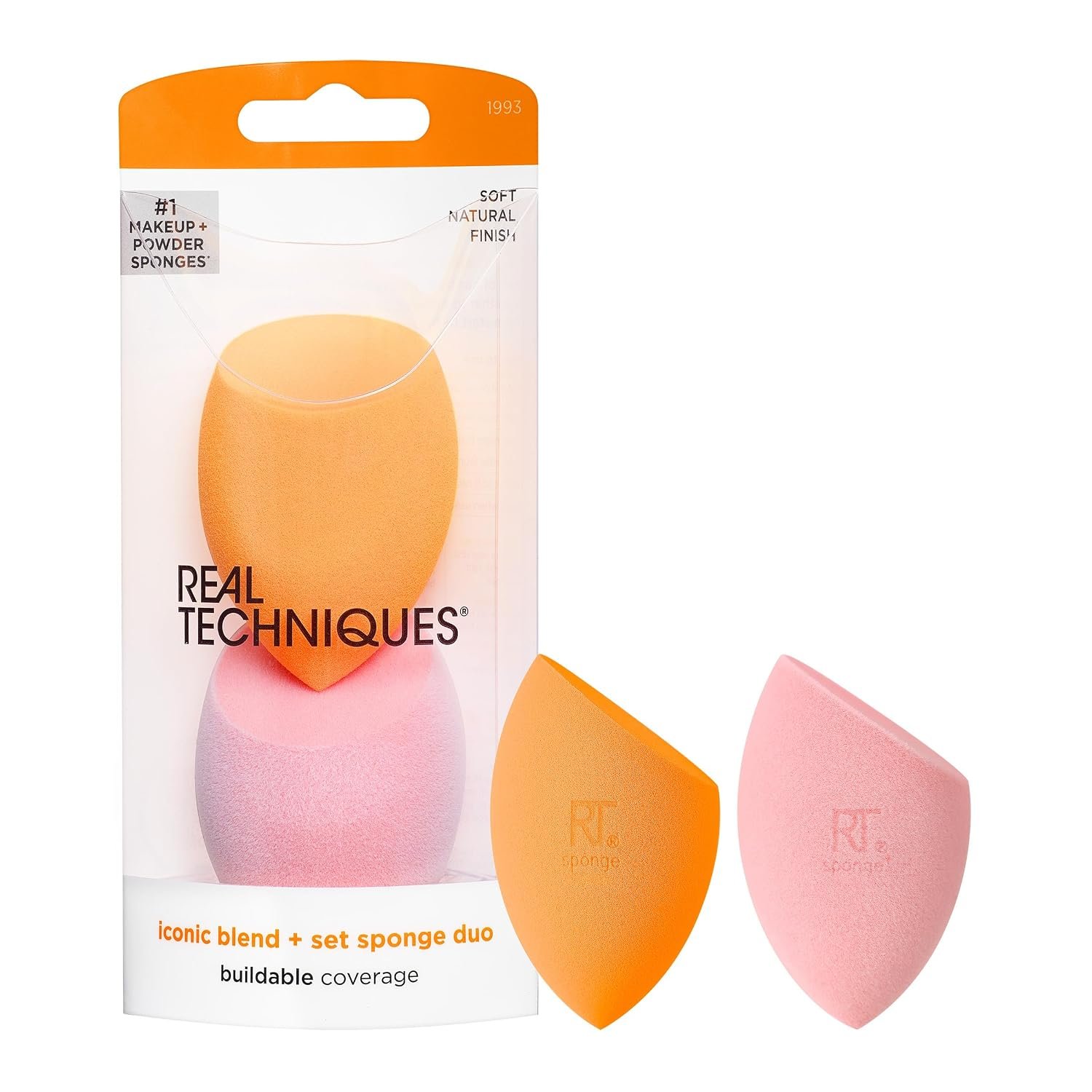 Real Techniques Iconic Blend + Set Makeup Sponge Duo, Foundation Sponge | Seamless coverage with a beauty blender set for liquid, cream and powder, makeup sponges for blending and 2 sponge types