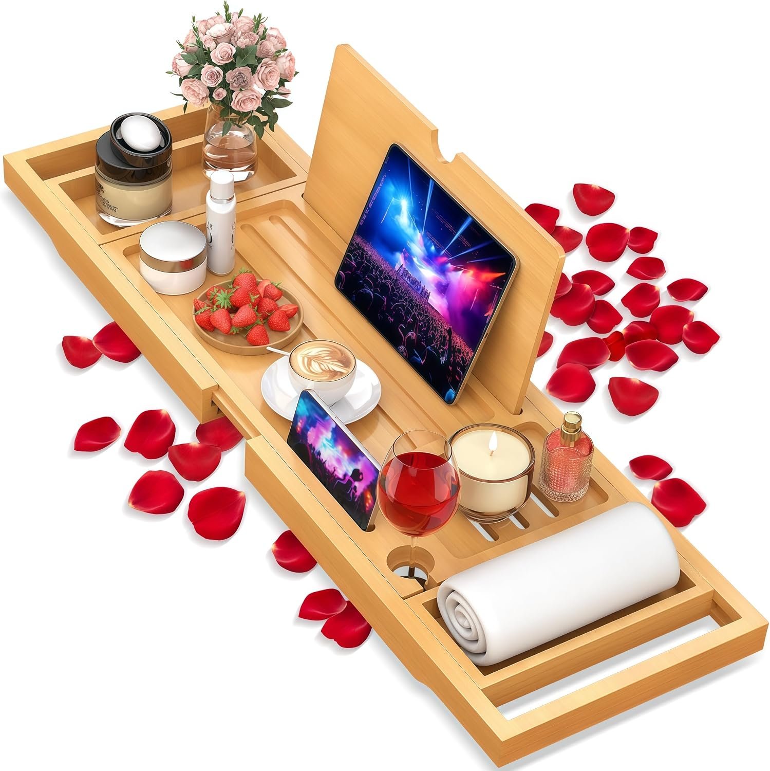 Bathtub Tray Caddy Fits Most Tubs Adjustable 23-34” Beige | Bamboo Bath Table Trays with Non-slip Pads, Wine Glass Holder, Adjustable Tablet Book Stand, Spa Bath Essentials Organizer