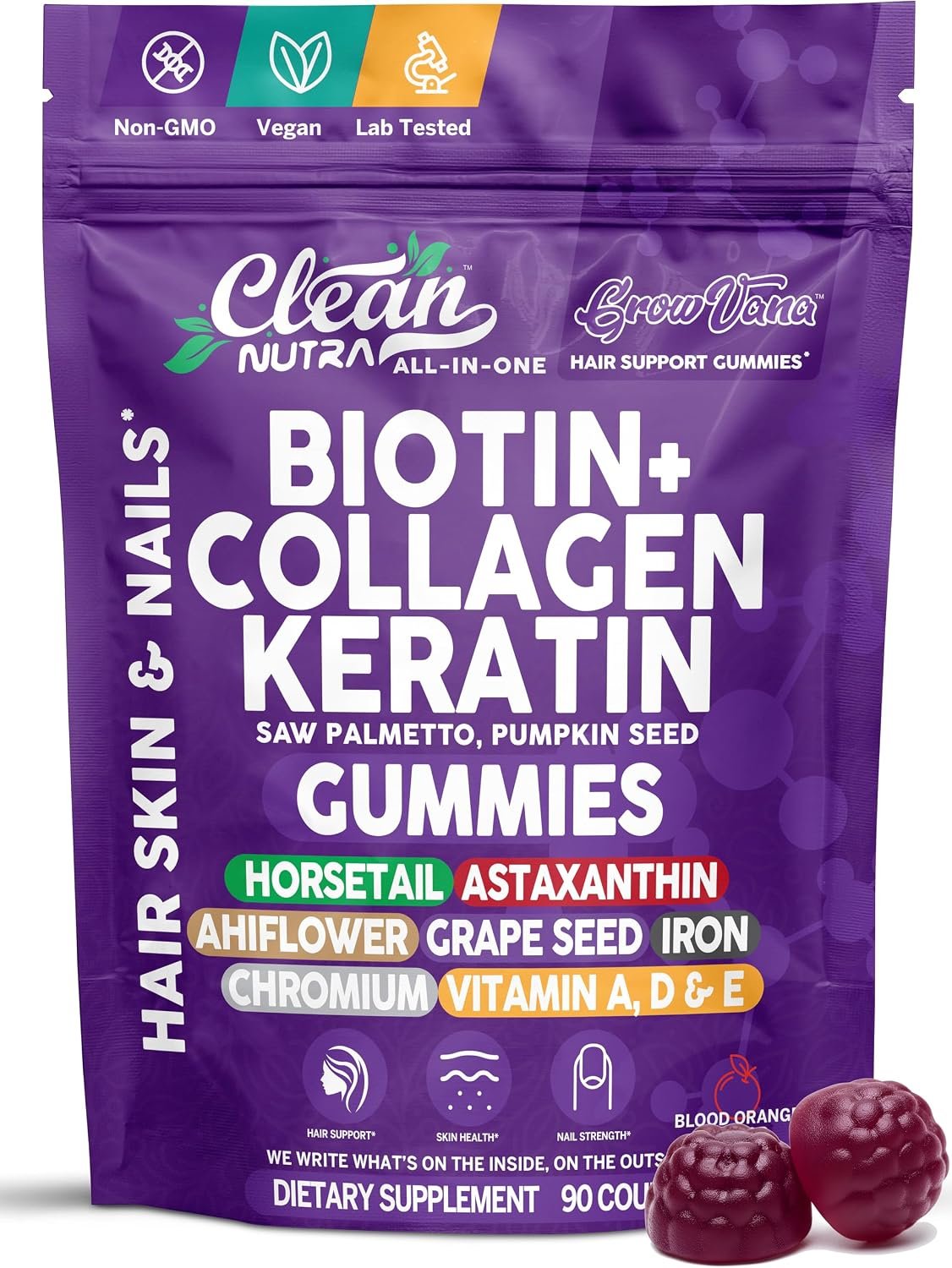 Biotin Gummies for Hair Growth, Hair Vitamins for Women with Collagen Keratin Zinc Saw Palmetto Horsetail Astaxanthin Pumpkin Seed MSM Grape Seed Iron Vitamins A D E, GrowVana by Clean Nutra 90 Count
