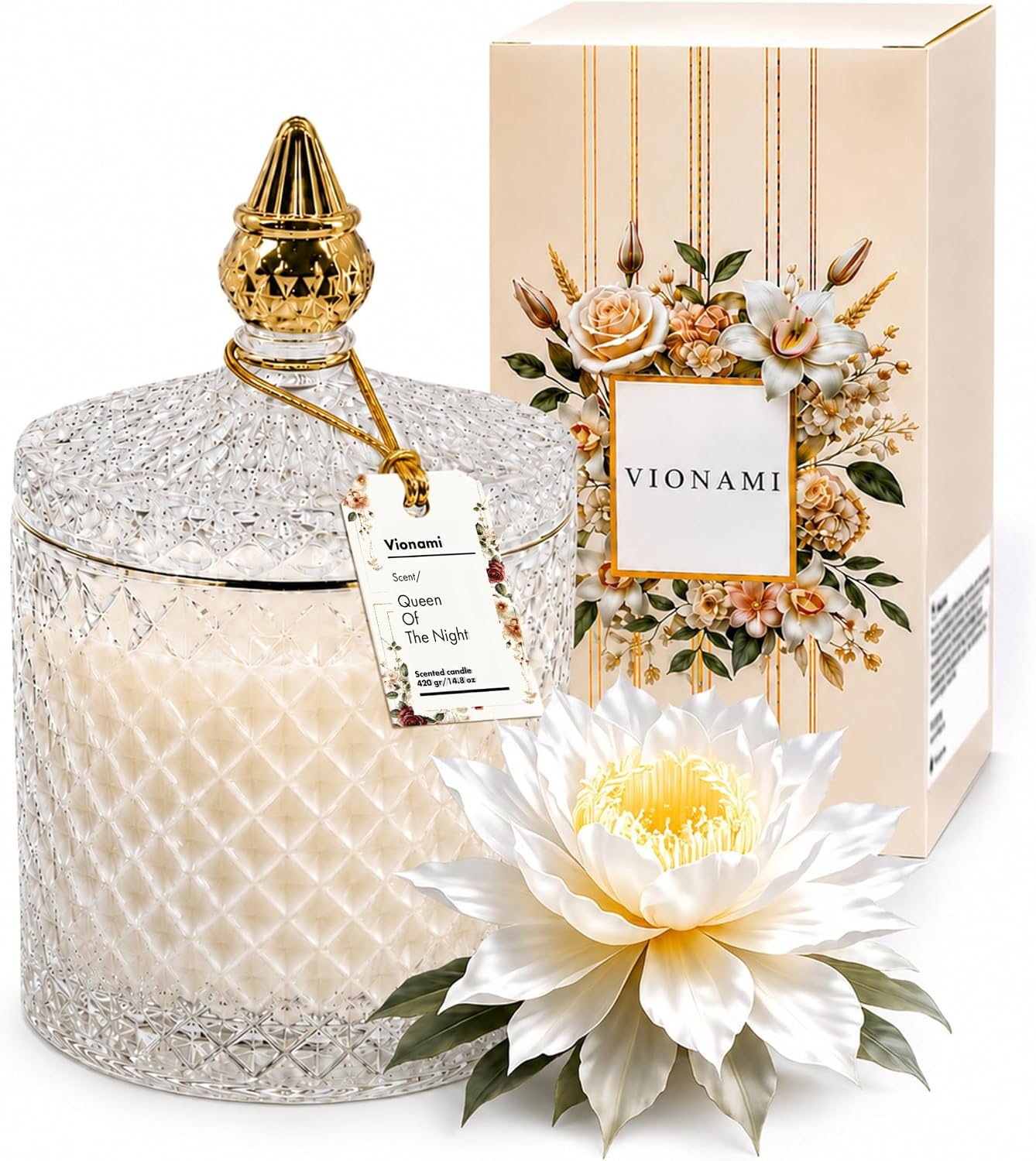 VIONAMI Queen of The Night Rare Flower Fragrance Luxury Scented Candle Gift | Decorative Soy Candles Birthday Gifts for Women, Elegant Glass Jar, 14.8oz, 80Hr Long Lasting Burn, Luxury Candles for Women