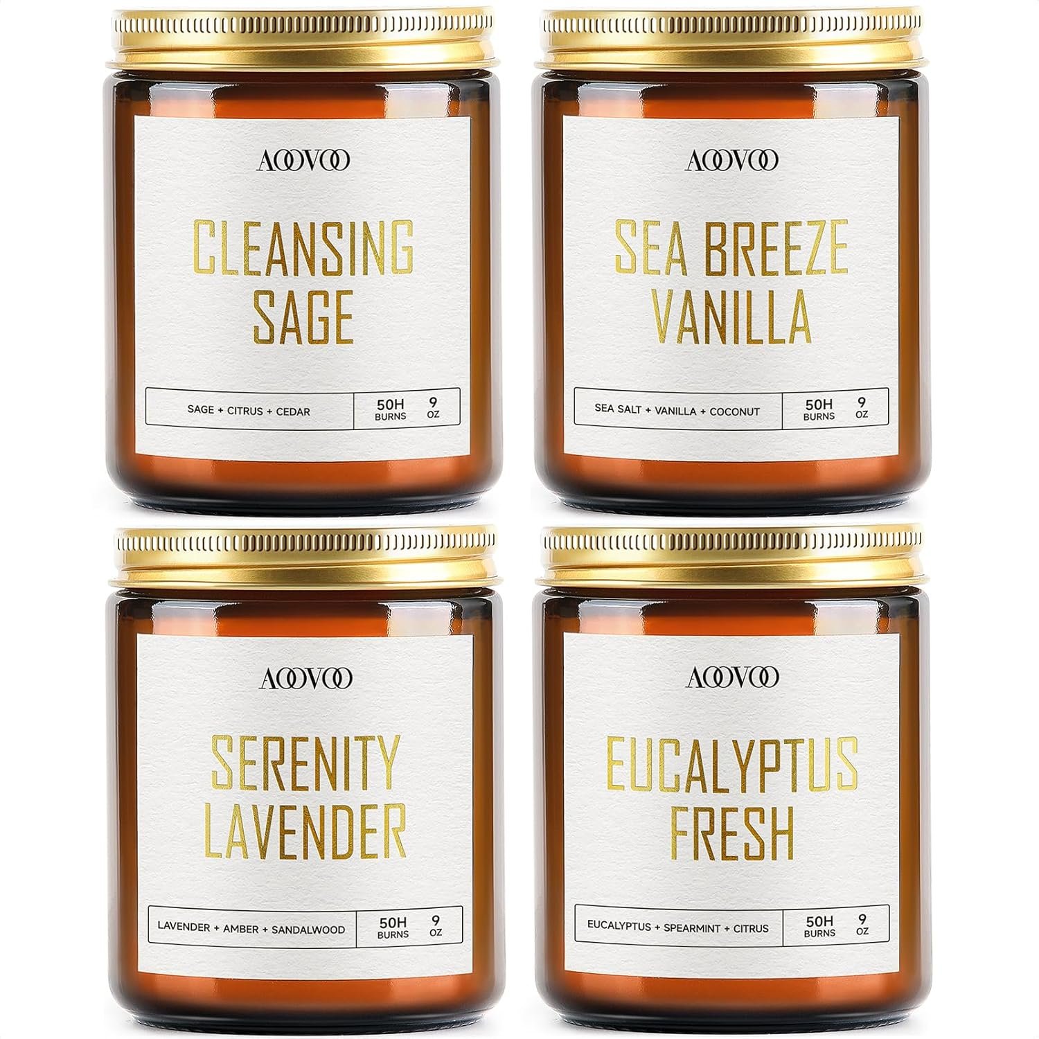 AOOVOO Scented Candles – 4PC Candle Set, 36 oz Soy Candles | Soy Candle for Home Scented, Lavender/Vanilla/Eucalyptus/Sage