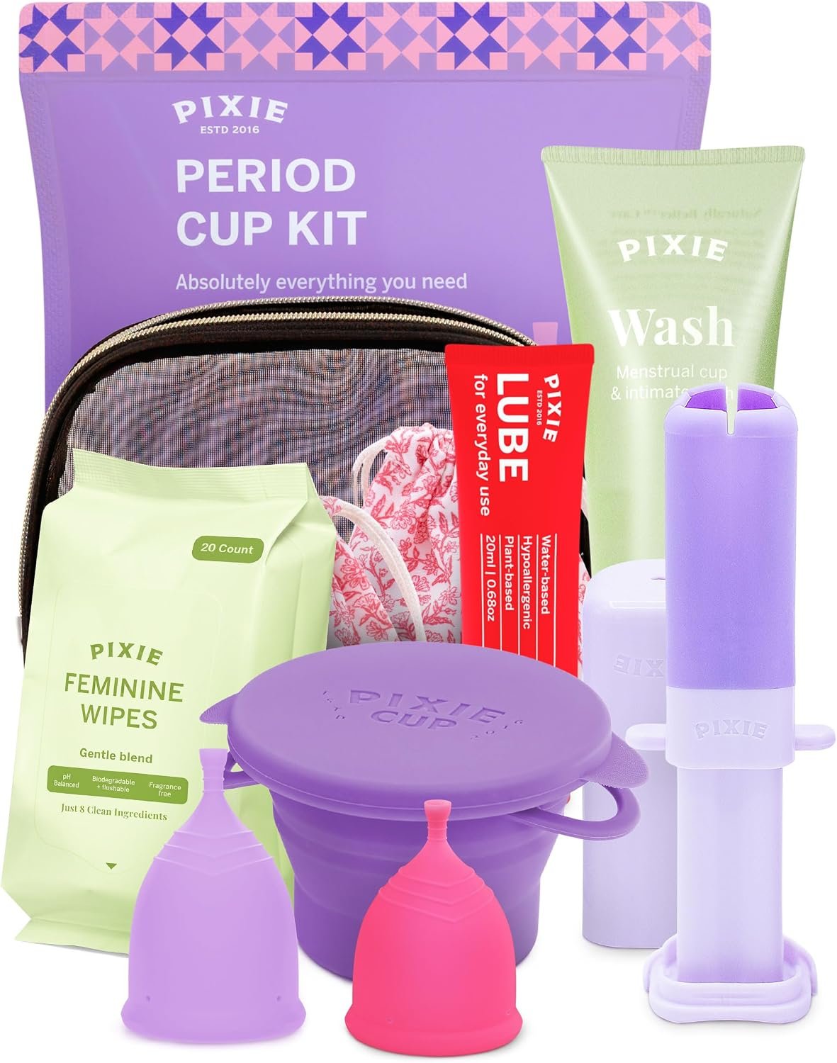 Pixie Menstrual Cup Kit – Best Period Cup Starter Kit for Feminine Care – Proven to Be What You Need to Become A Successful Cup User – 100% Medical-Grade Silicone – Tampon Alternative