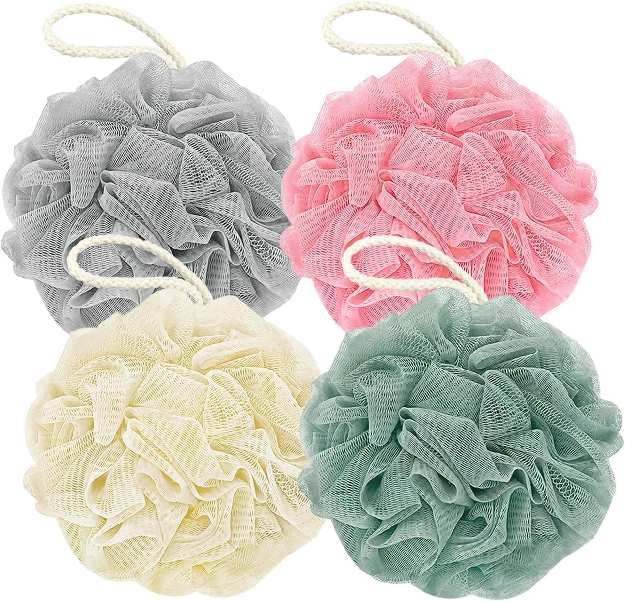 Rnoafmu Shower Loofah Bath Sponge, 60G Loofah Exfoliating Body Scrubber, 4 Color Mesh Shower Pouf Balls for Body Wash (Pink Green White Gray)