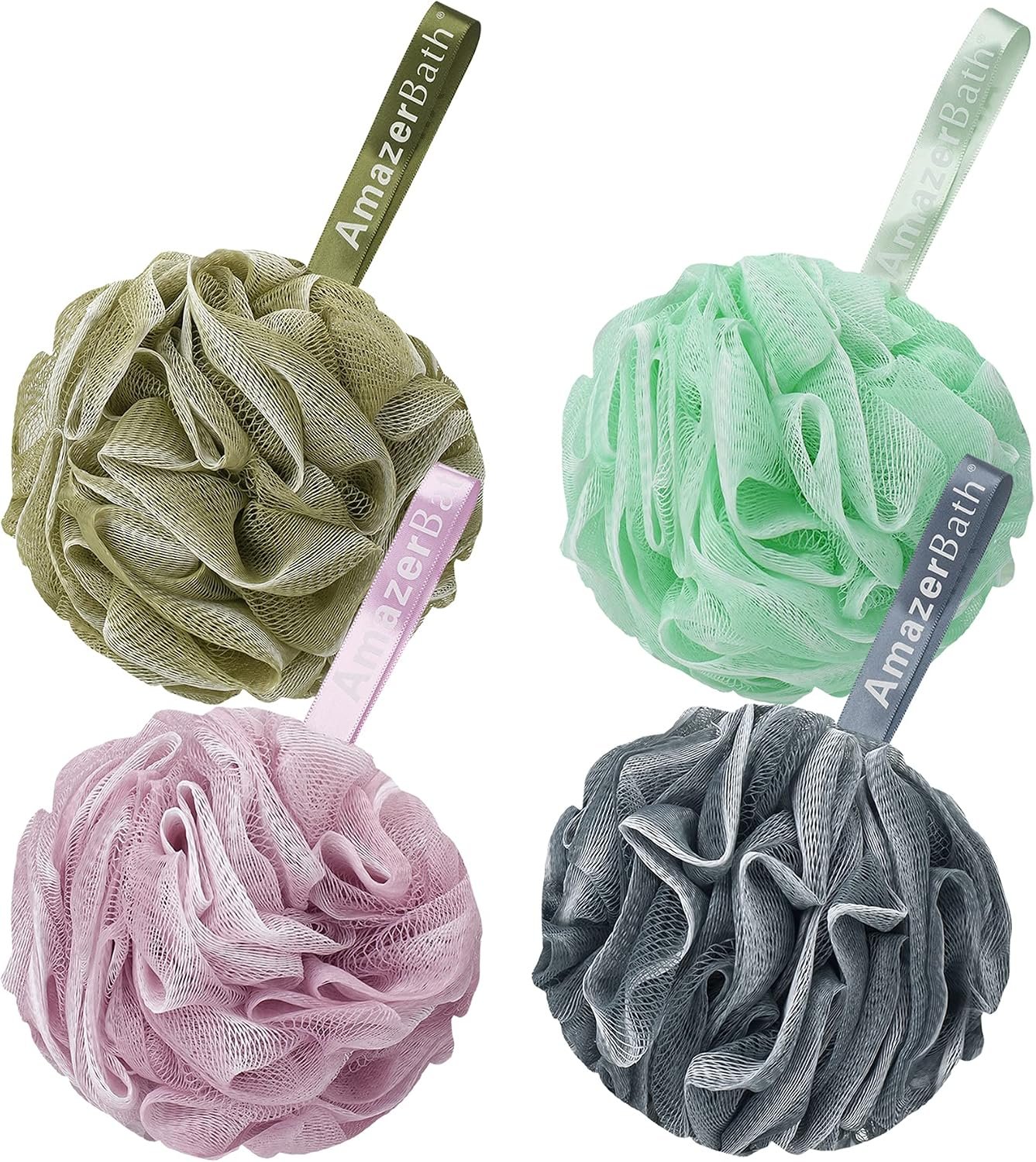 AmazerBath Loofah Sponge 60g/Piece, Exfoliating Bath Sponge Body Scrubber, Loofa Set of 4 – White Grey-Pink-Army Green-Green
