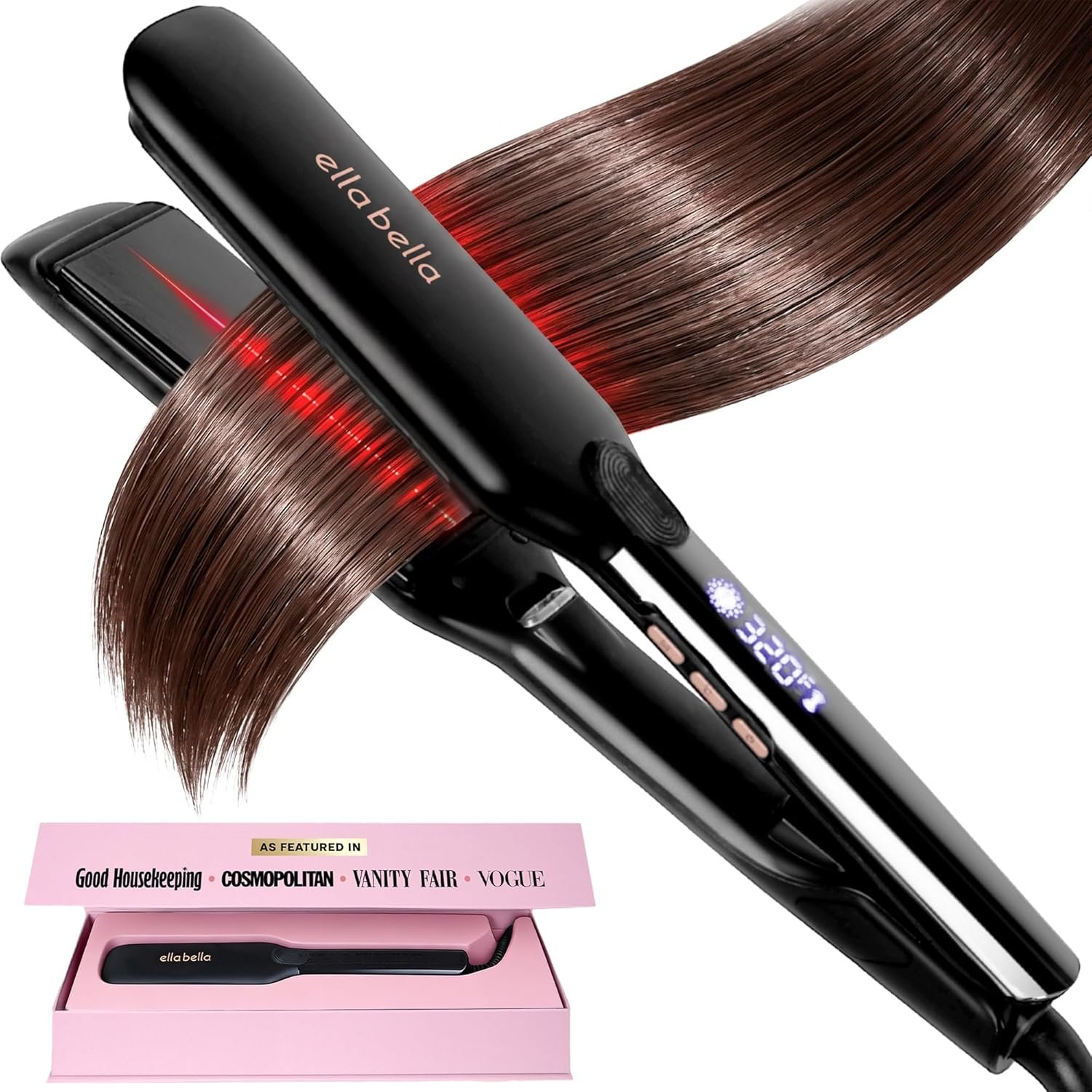 ELLA BELLA® Titanium Flat Iron Hair Straightener Large with Infrared | Professional Straightening Iron for Women – Digital Display for Accurate Temperature Control. Good Housekeeping Featured