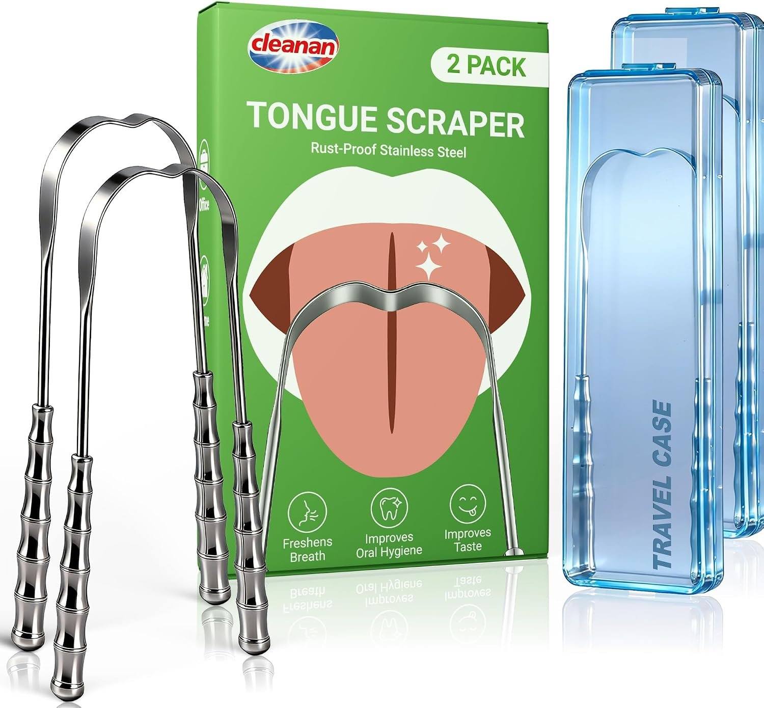 Metal Tongue Scraper for Adults & Tongue Cleaner (2 Pack), Stainless Steel Scrapers with Travel Cases, Reduce Bad Breath & Remove Tongue Coating, Smooth U-Shape Design