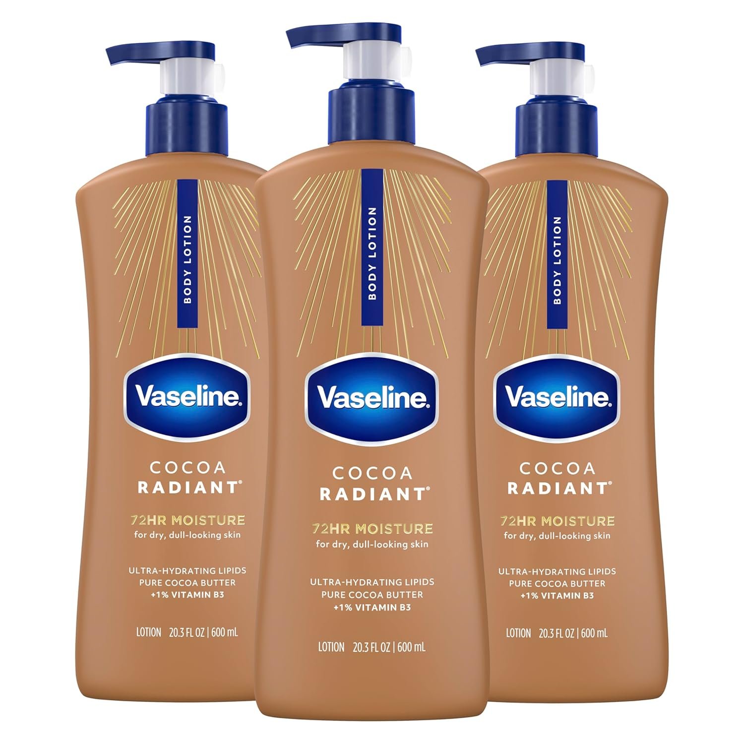Vaseline Intensive Care Body Lotion Cocoa Radiant 3 count for Dry Skin Lotion Made with Ultra-Hydrating Lipids and Pure Cocoa Butter for a Long-Lasting, Radiant Glow 20.3 Oz