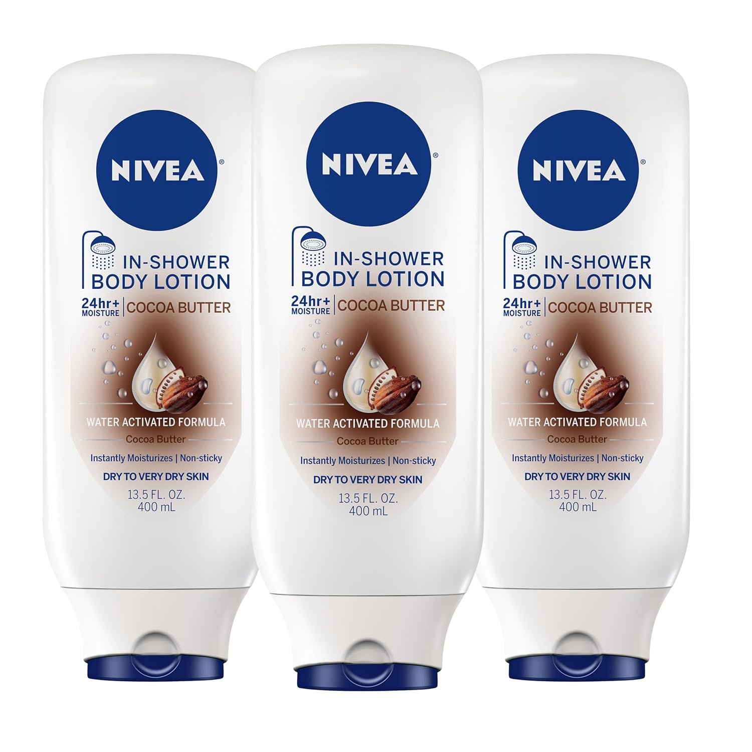 NIVEA Nourishing In Shower Body Lotion, Cocoa Butter, Multi, 3 x 13.5 FL OZ | Water Activated In Shower Moisturizer with Cocoa Butter for Dry to Very Dry Skin, Non Sticky, Non Greasy Feel