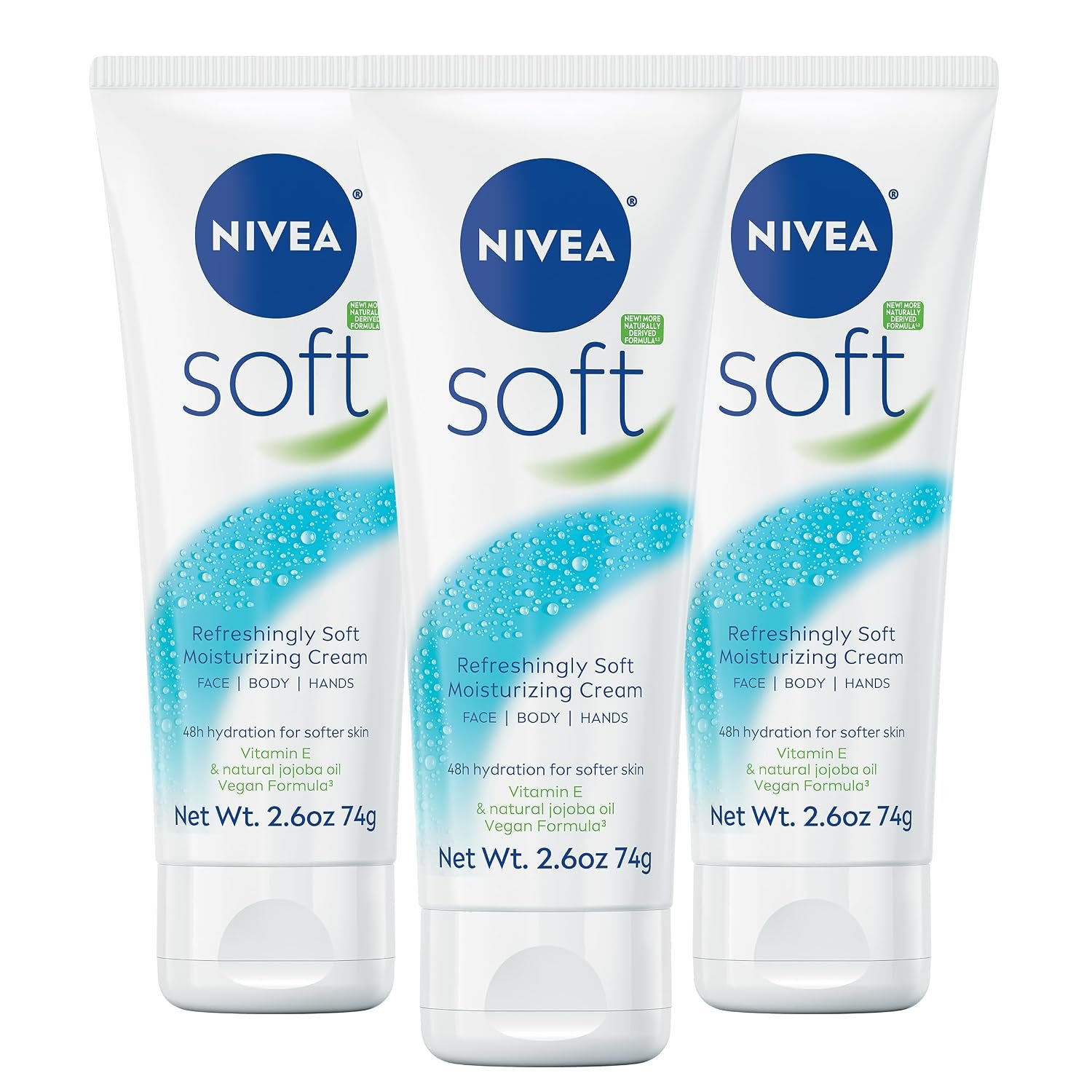 NIVEA Soft Refreshingly Soft Moisturizing Cream, Multipack, 3 x 2.6 OZ | Face, Hand and Body Moisturizer Enriched with Jojoba Oil and Vitamin E, 48 Hours of Hydration, Lightweight, Vegan Formula