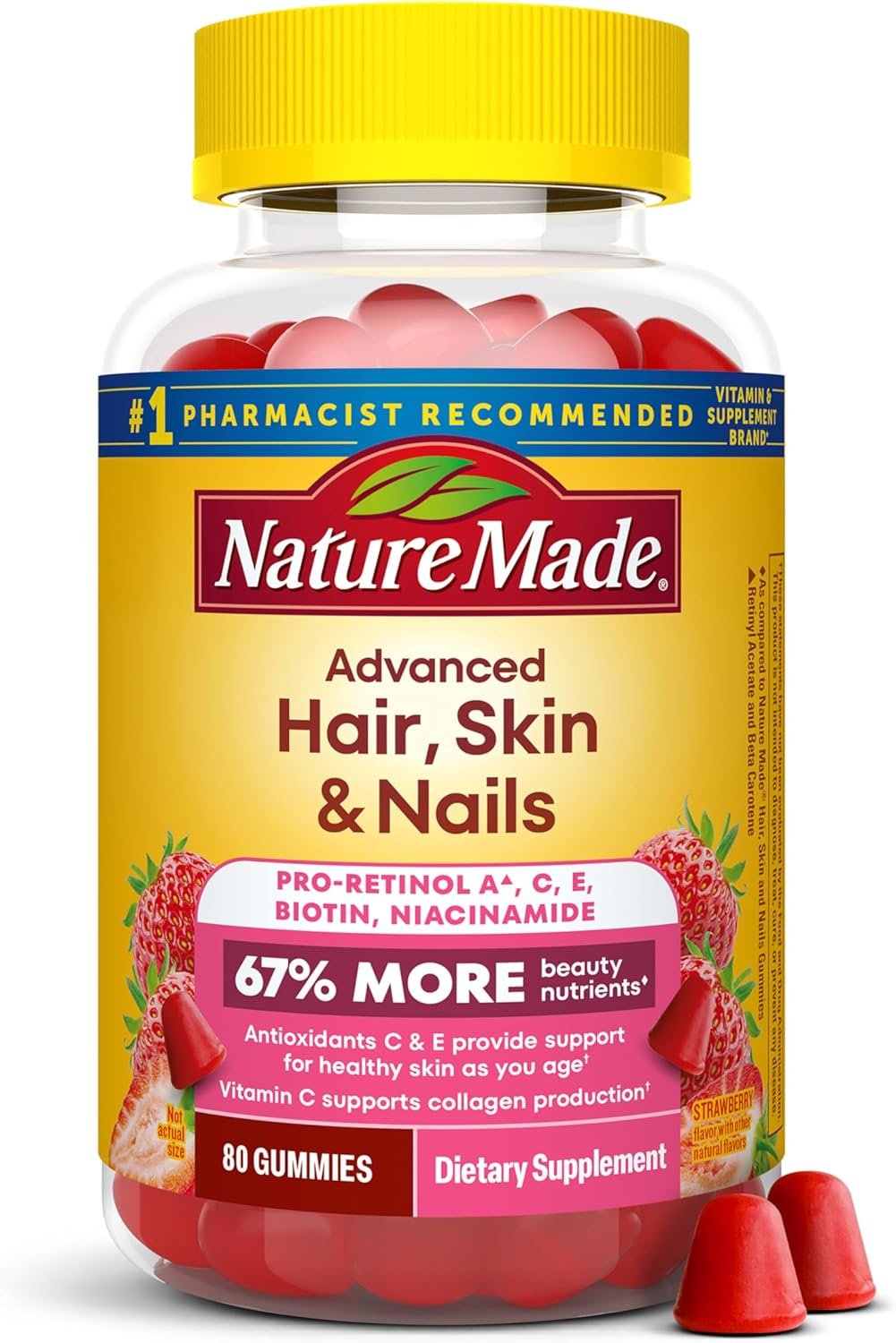 Nature Made Advanced Hair Skin and Nails Gummies, 80 Gummies | Dietary Supplement with Biotin, Pro Retinol A, Niacinamide, Vitamin C and Vitamin E, Strawberry Flavor, 40 Day Supply