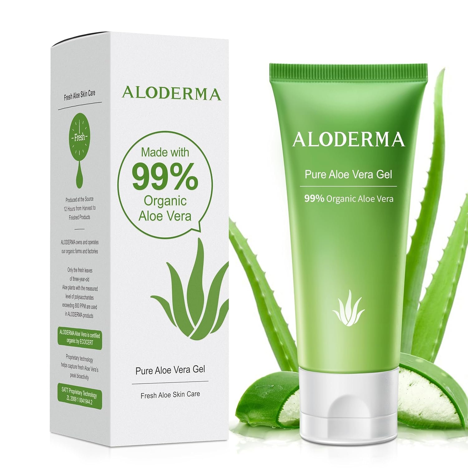Aloderma Travel Size Aloe Vera Gel Made within 12 Hours of Harvest with 99% Pure Organic Aloe Vera for Body, Face, & Scalp – Hydrating & Soothing Gel for After Sun Care – 1.5oz Squeeze Tube
