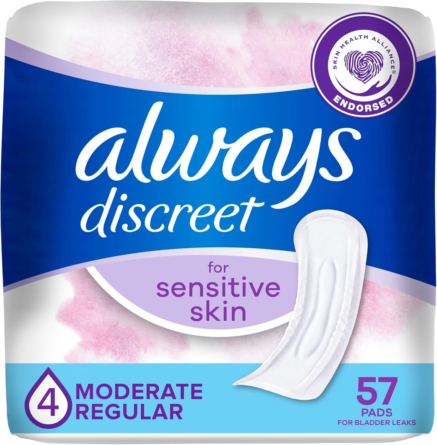 Always Discreet Incontinence Pads for Women with Bladder Leaks, Sensitive Skin Pads Moderate Absorbency, Regular Length, 57 Count