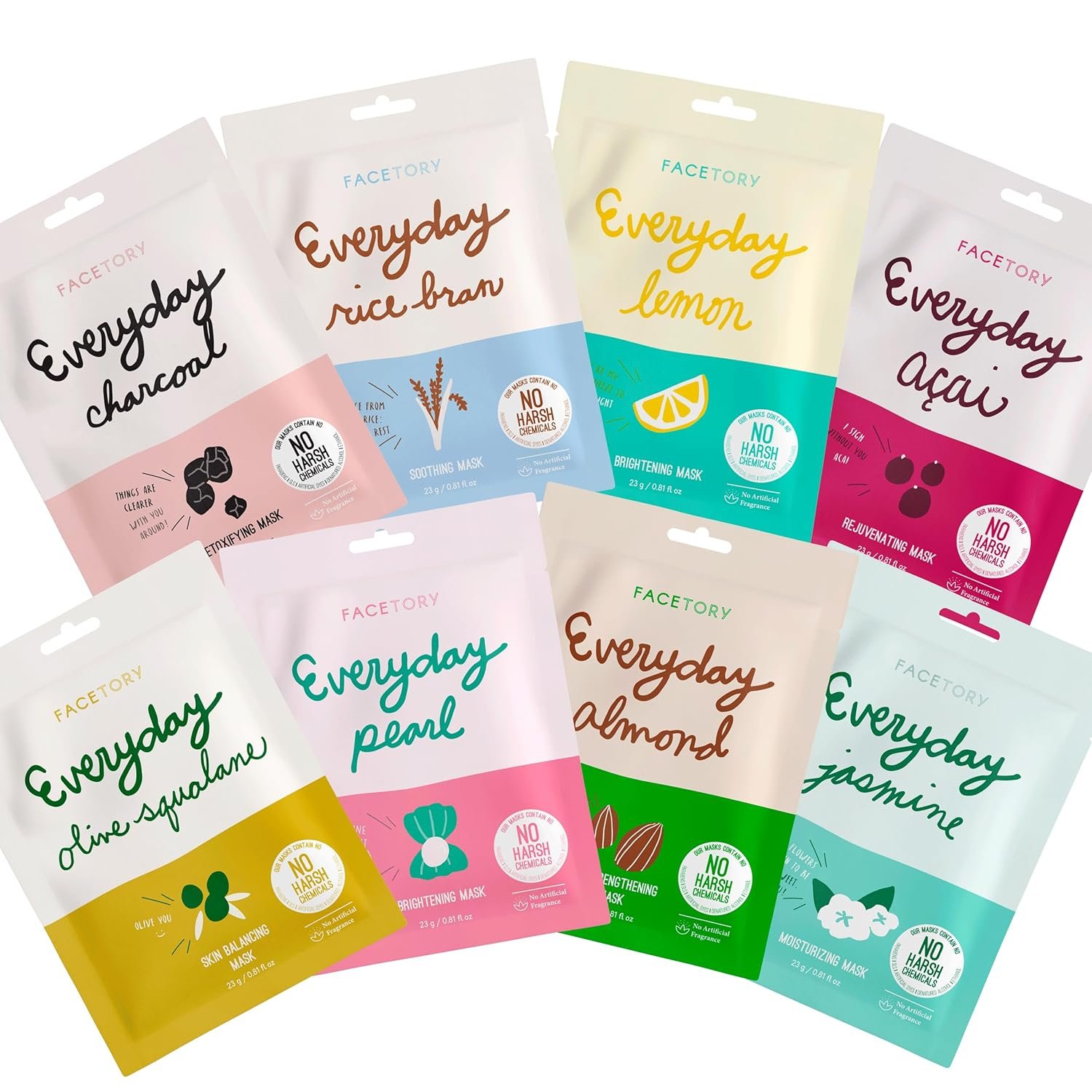 FACETORY Everyday 8 Korean Face Mask Variety Pack, Hydrate & Brighten | Sheet Mask Set for All Skin Types, Glass Skin Glow, Soothing & Calming, Spa Day Gift for Women & Teens, K Beauty Skin Care