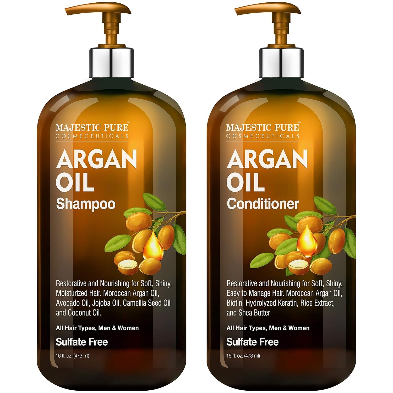 Majestic Pure Argan Oil Shampoo and Conditioner Set – 16 Fl Oz each | Designed for daily hair care to cleanse, nourish and improve manageability.