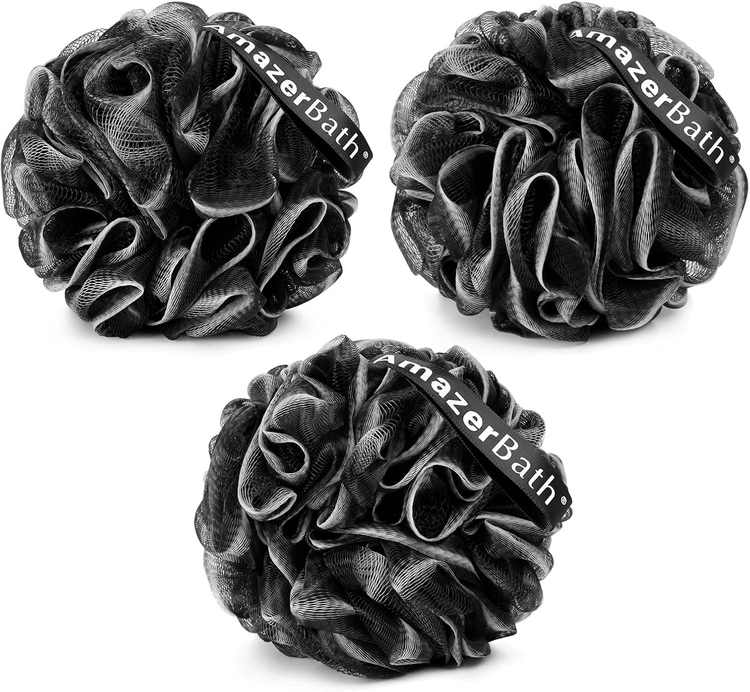 AmazerBath Loofah Sponge, Shower Loofah for Men and Women – Body Scrubber Loofa Set of 3 Classic Black & White Edge, Bath Sponge 60g/PCS