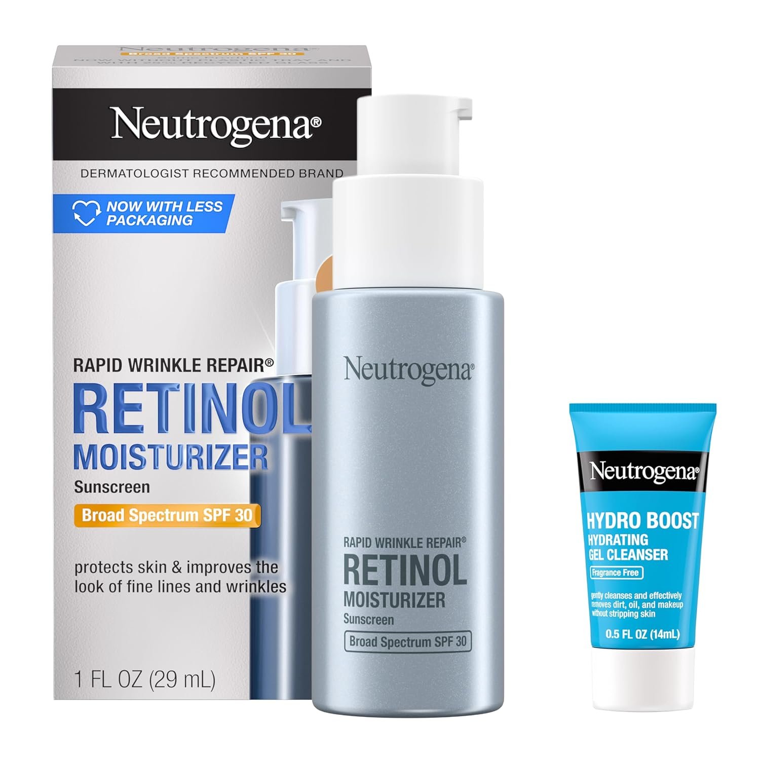 Neutrogena Rapid Wrinkle Repair Face Moisturizer SPF 30 + Trial Cleanser | Daily Anti-Aging Face Cream, 1 Fl. Oz, Retinol & Hyaluronic Acid, Trial Size Hydro Boost Facial Cleanser, 0.5 fl. oz