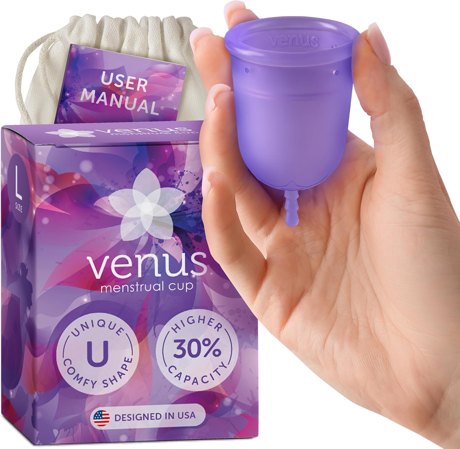 Venus Large Menstrual Cup – Higher Capacity (+30%) – Unique U-Shape Design for Heavier Flow Days – Get 12 Hours Leak-Free Protection – 100% Medical Grade Silicone Reusable Period Cup | Large