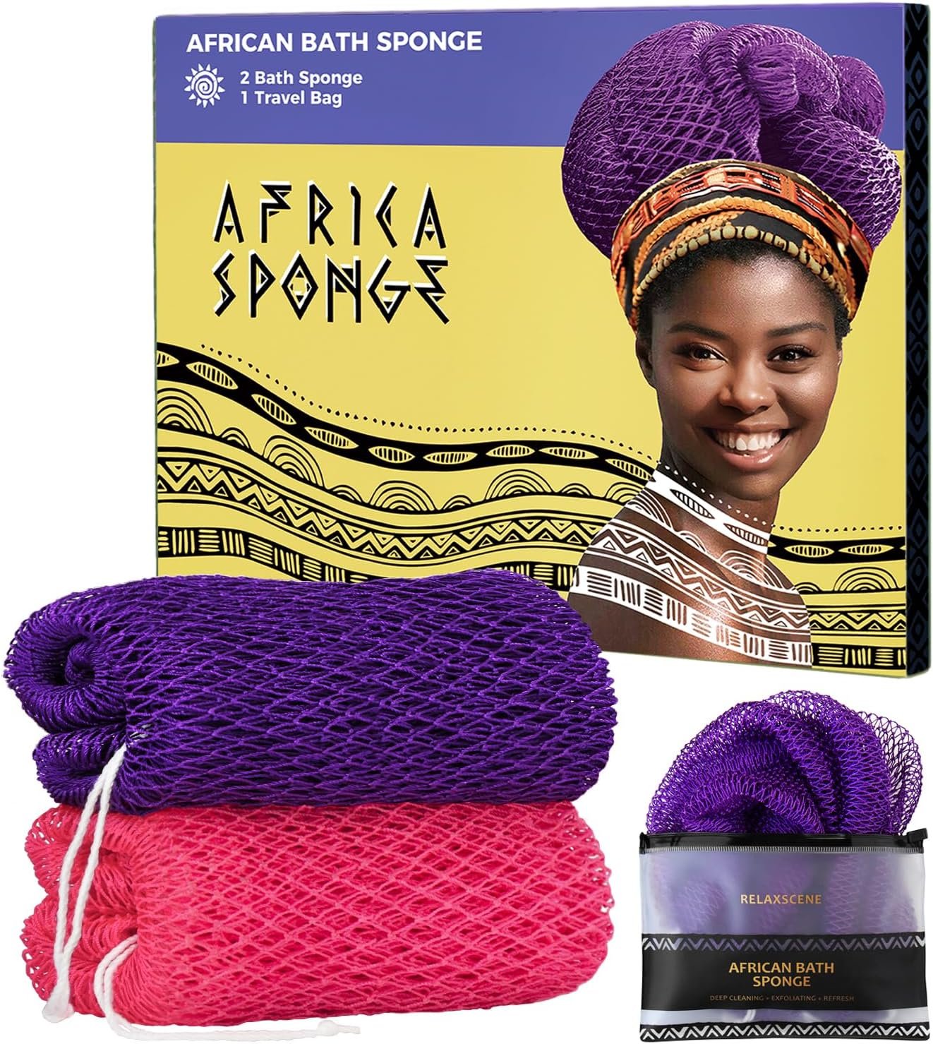 African Net Sponge Authentic – 2 Pieces Exfoliating Body Scrubber Bath Sponge – Loofah Washcloth Back Scrub for Shower Body Exfoliator – Face & Skin Care Bathroom Essentials for Women
