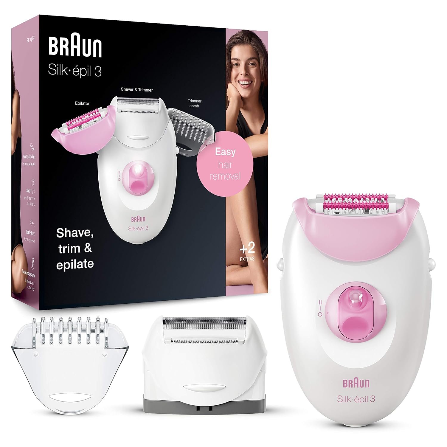 Braun Silk-épil 3 3-270, Epilator for Women for Long-Lasting Hair Removal, 20 Tweezer System, Smartlight Technology, Massage Rollers, Shaver and Trimmer Head Included