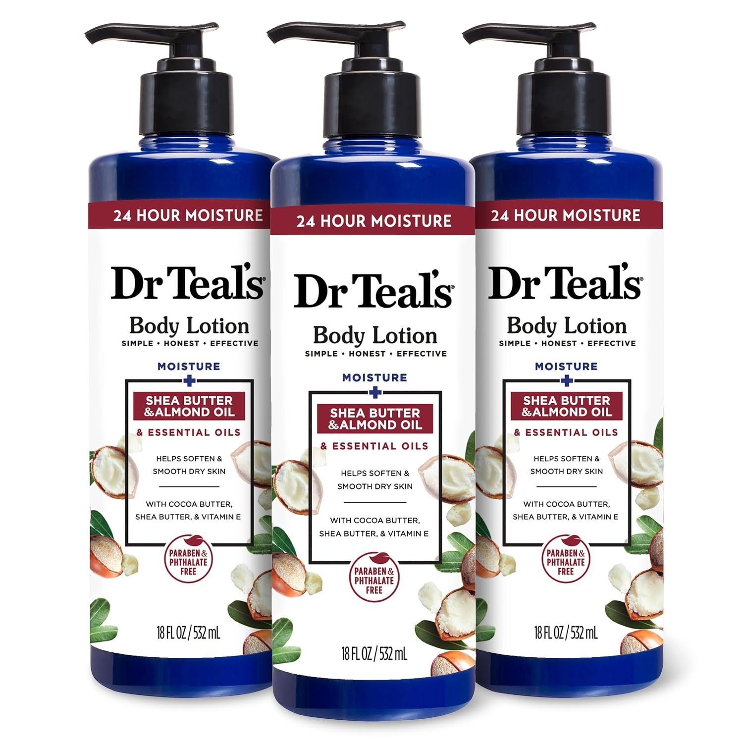 Dr Teal’s Body Lotion, Shea Butter & Almond, 18 fl oz (Pack of 3)