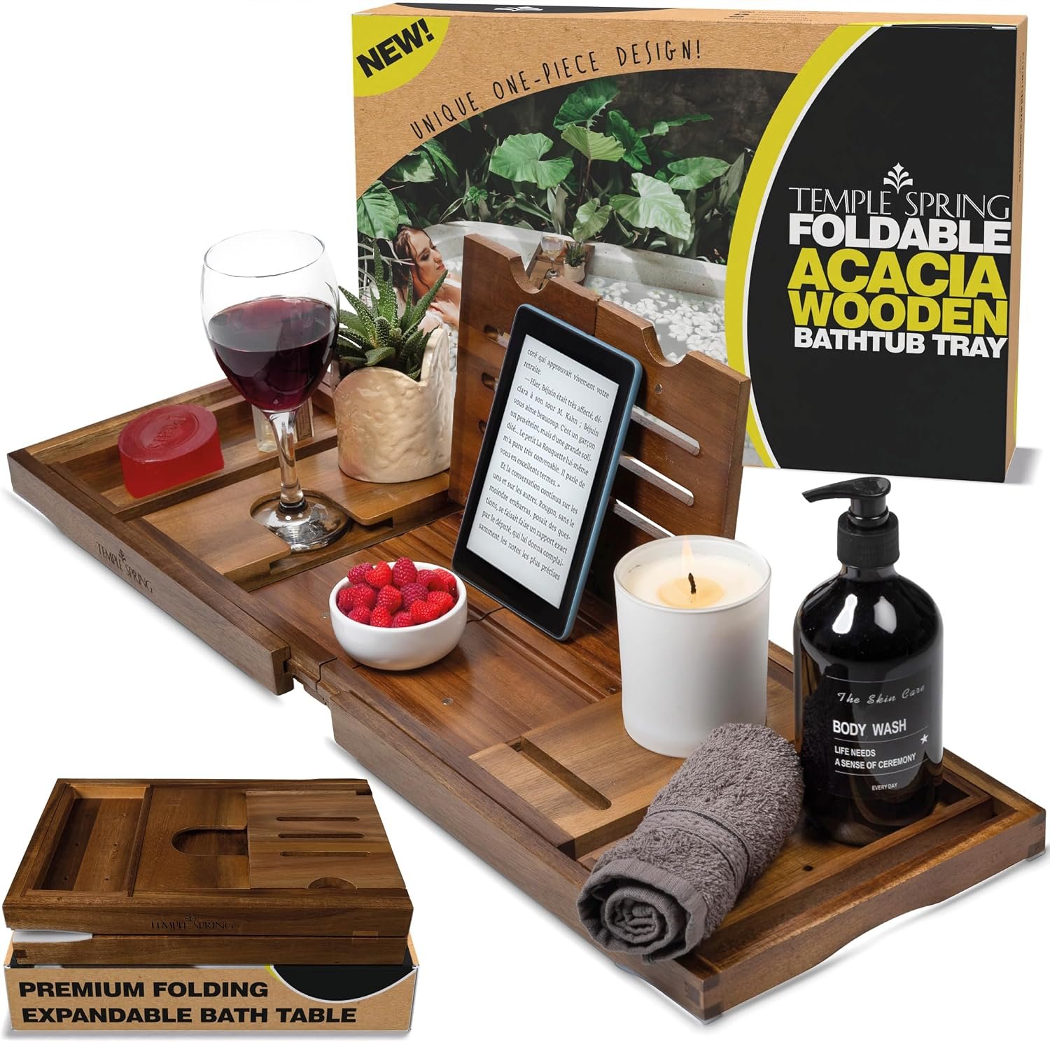 Foldable Bathtub Tray, Unique Design Selfcare Bathroom Caddy, Acacia Spa Bathroom Tray, Wooden Bathtub Accessories, Wedding Gift/Birthday Gift/New Home Bath Table – Not Teak