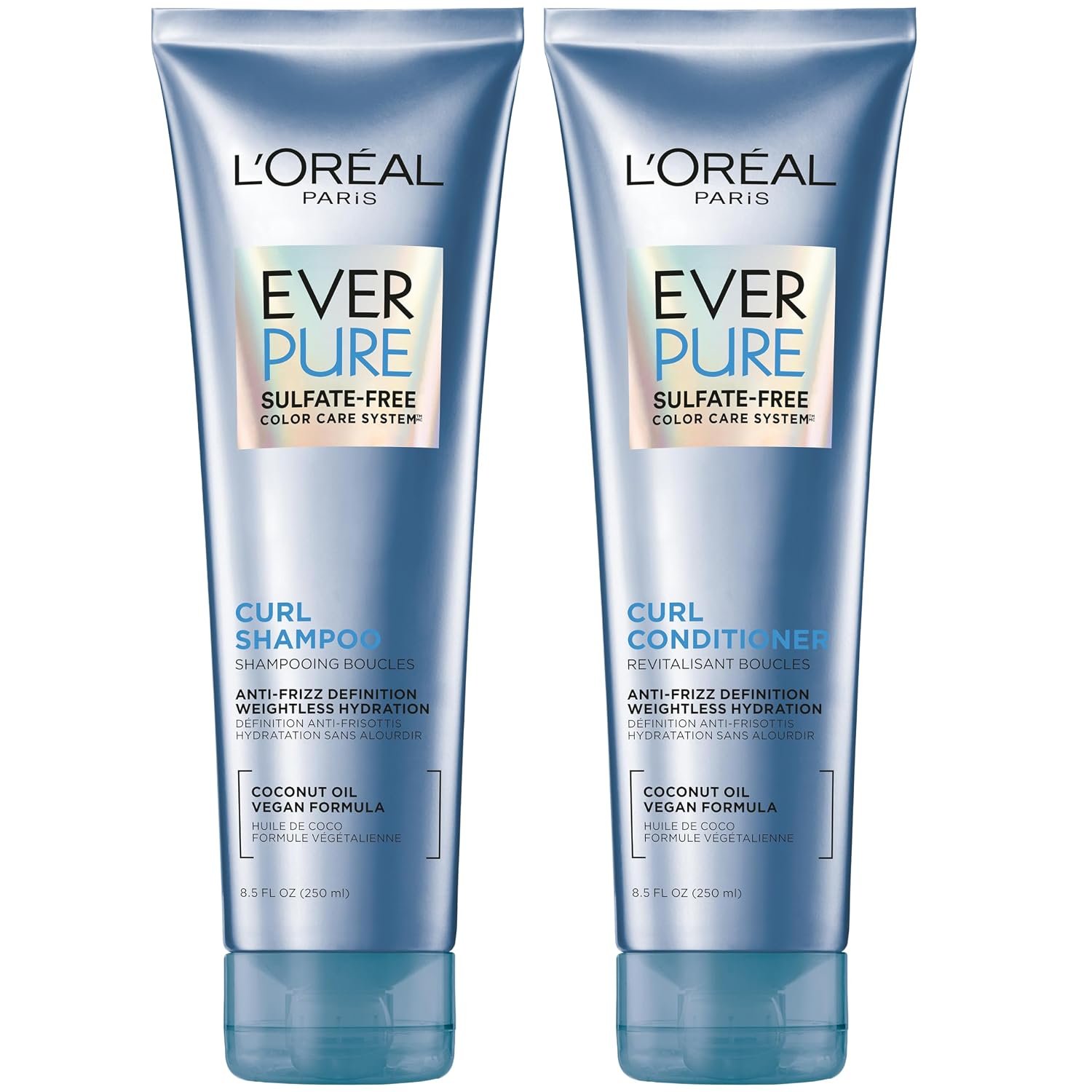 L’Oreal Paris Sulfate Free Shampoo and Conditioner for Curly Hair, Lightweight, Anti-Frizz Hair Care with Coconut Oil, EverPure, 8.5 Fl Oz, Set of 2 (Packaging May Vary)