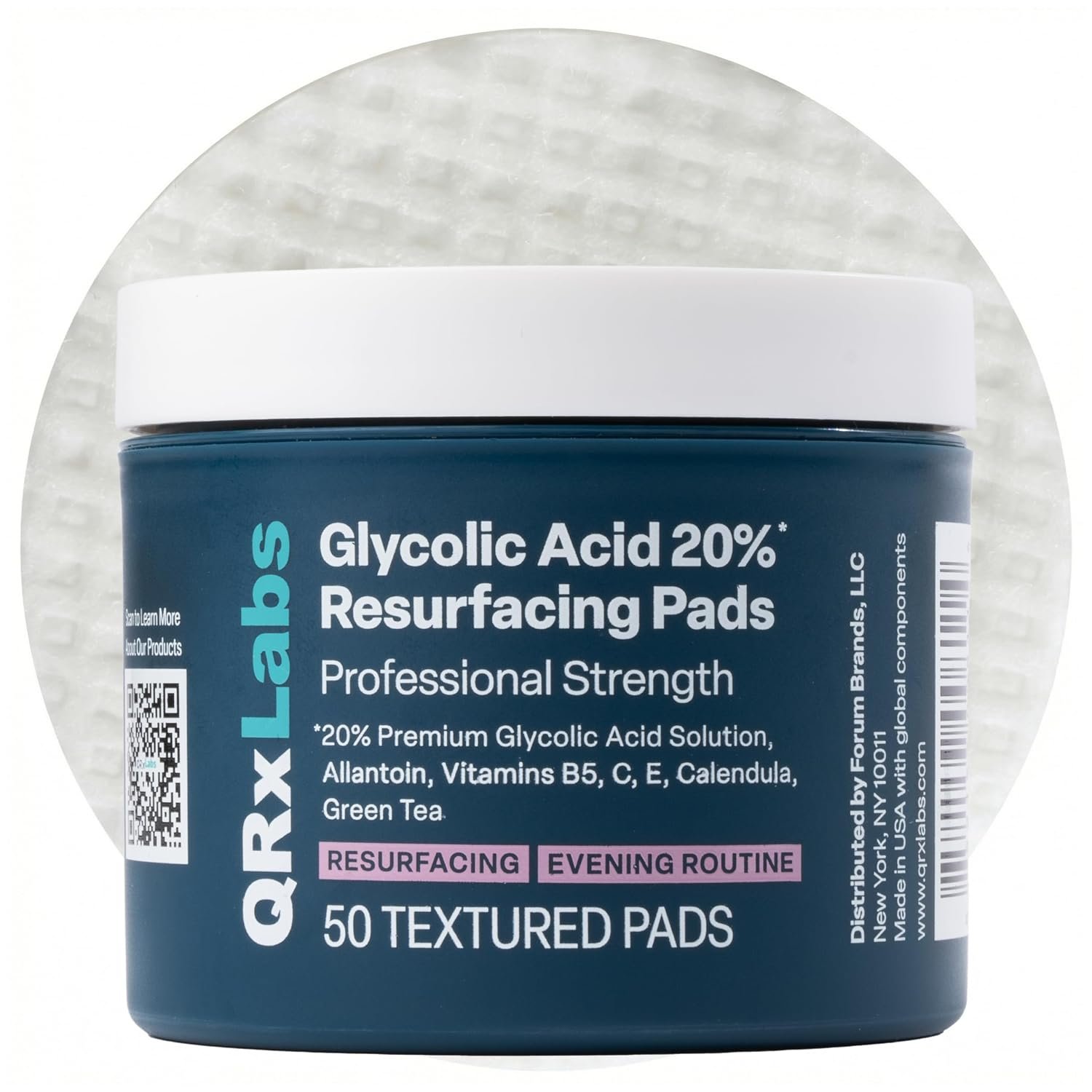 QRxLabs Glycolic Acid Pads – 20% Resurfacing Pads AHA for Face & Body – Exfoliates Skin Surface and Reduces Appearance of Fine Lines and Wrinkles – Acne Treatment Clearing – Daily Pads – 50ct