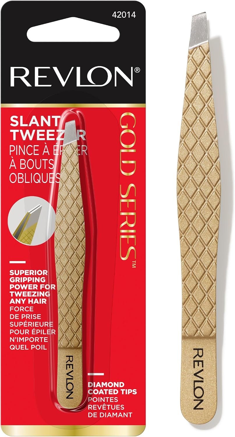Revlon Gold Series Slanted Tip Tweezers, Ultra-Sharp for Precision Eyebrow Shaping and Facial Hair Removal, Diamond and Titanium-Coated for Durability, 1 count