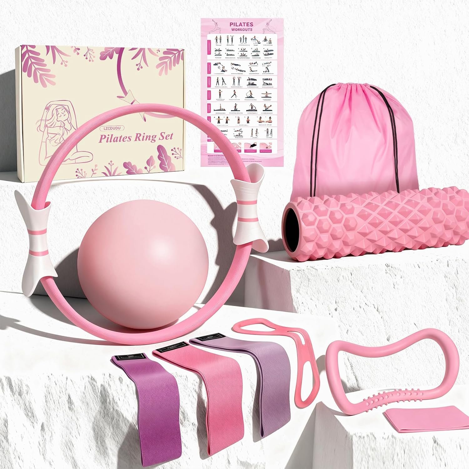 Pilates Ring Kit with 14 in Magic Circle & 12 in Foam Roller | Ergonomic Home Workout Equipment Set, Full Essentials for Women Beginners ,Includes Exercise Guide & Storage Bag
